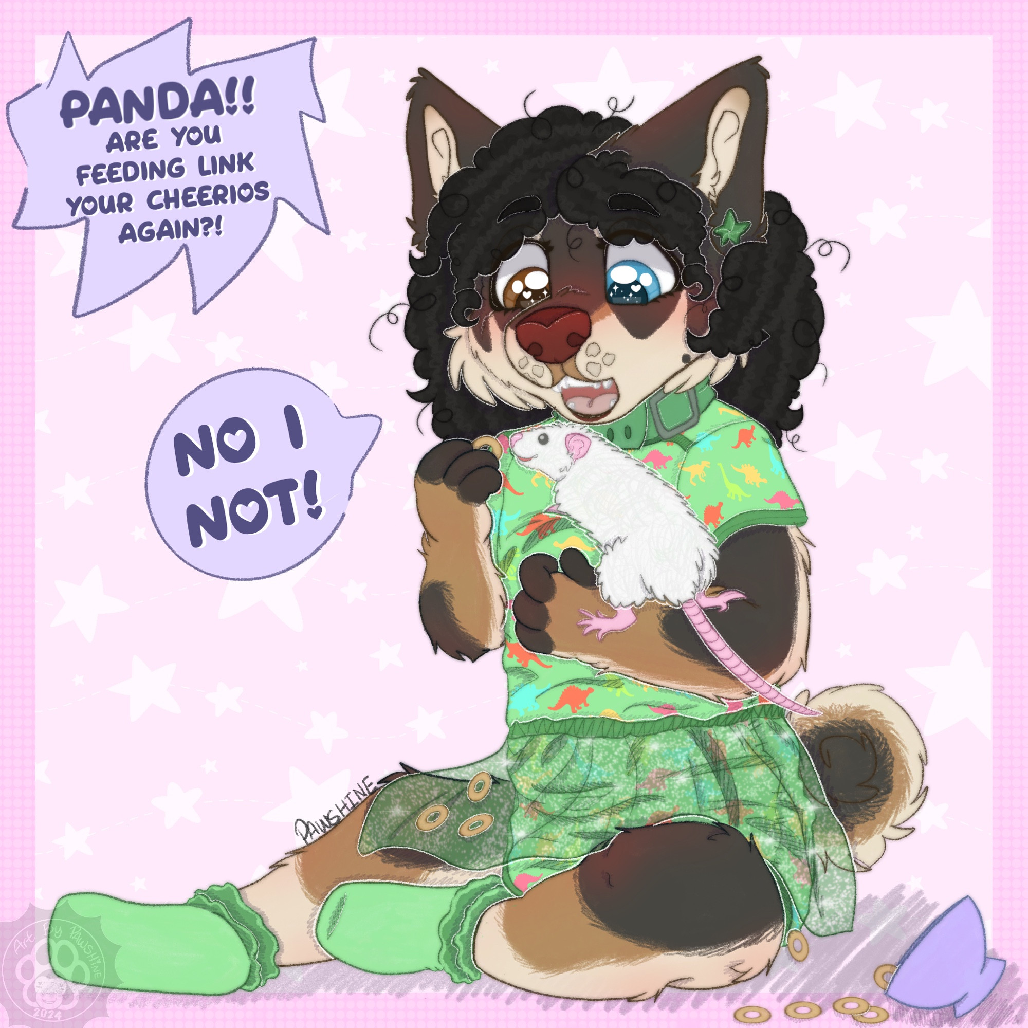 panda holding her pet rat feeding him cheerios as he is perched on her arm. “panda are you feeding link cheerios again?!” off screen voice
“no i not!” replies panda