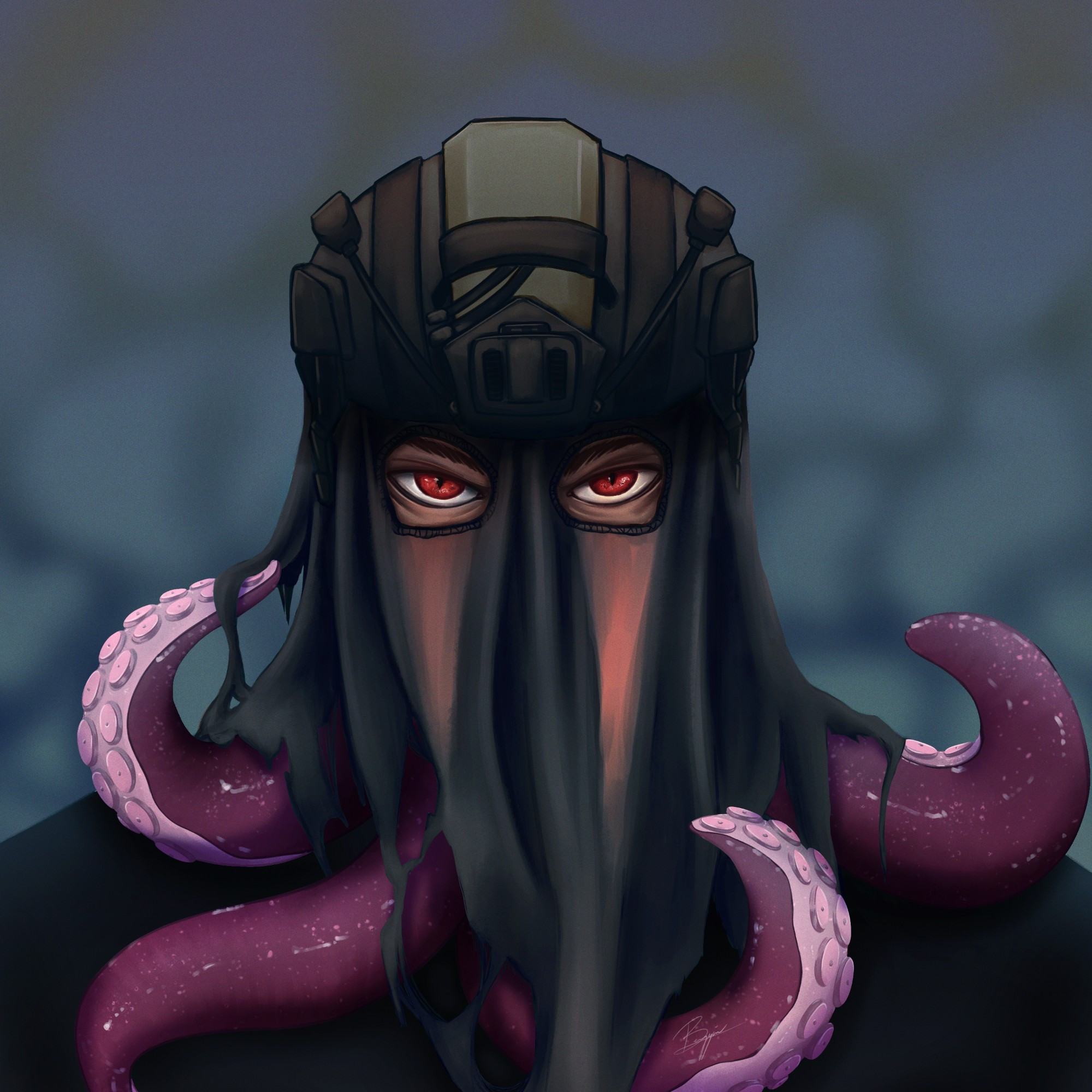 Fanart of the character König from Call of Duty. The art has tentacles forming from under the t-shirt he uses as a sniper hood.