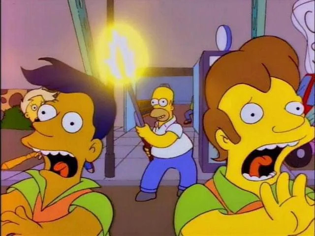 Homer Simpson attempting to drum up more bowling alley business by standing outside the entrance firing a shotgun repeatedly, terrifying both current and potential customers