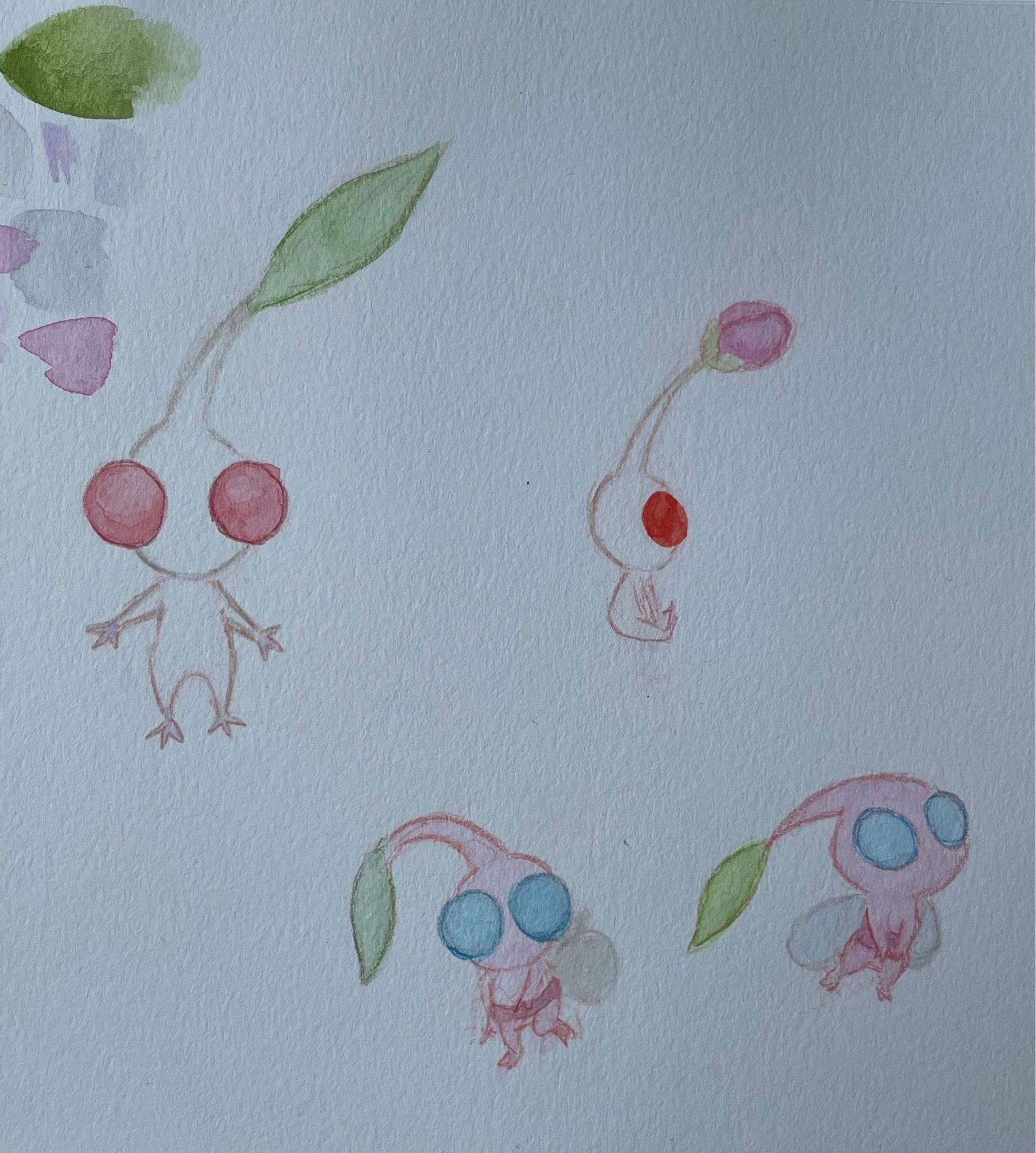 Watercolor sketches of White Pikmin and Winged Pikmin