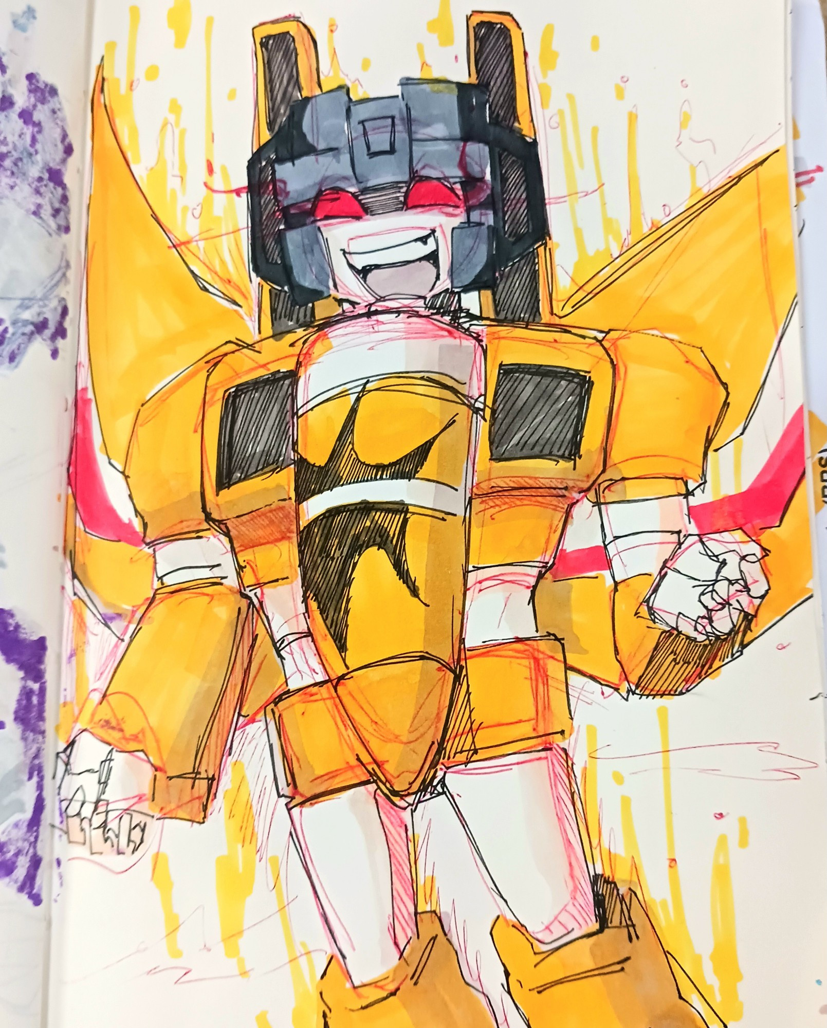 Sunstorm from Transformers. He is a yellow seeker that looks similar to Starscream. He is looking directly at the camera. Sunstorm is smiling, he is holding his right hand out and his left hand rests beside him. He is drawn messily with a ballpen and colored in with markers. He is drawn in a plain background.