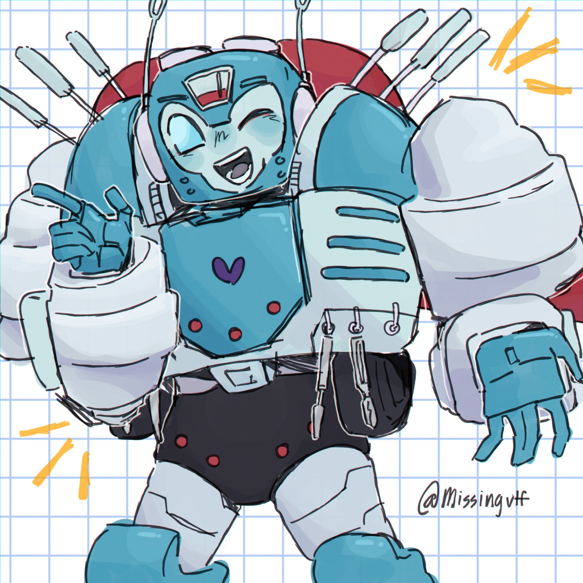 Nickel from Transformers, she is a teal mini-con.  She is winking. Nickel is pointing her left hand diagonally and she is holding her right hand out. She is on a light blue grid background