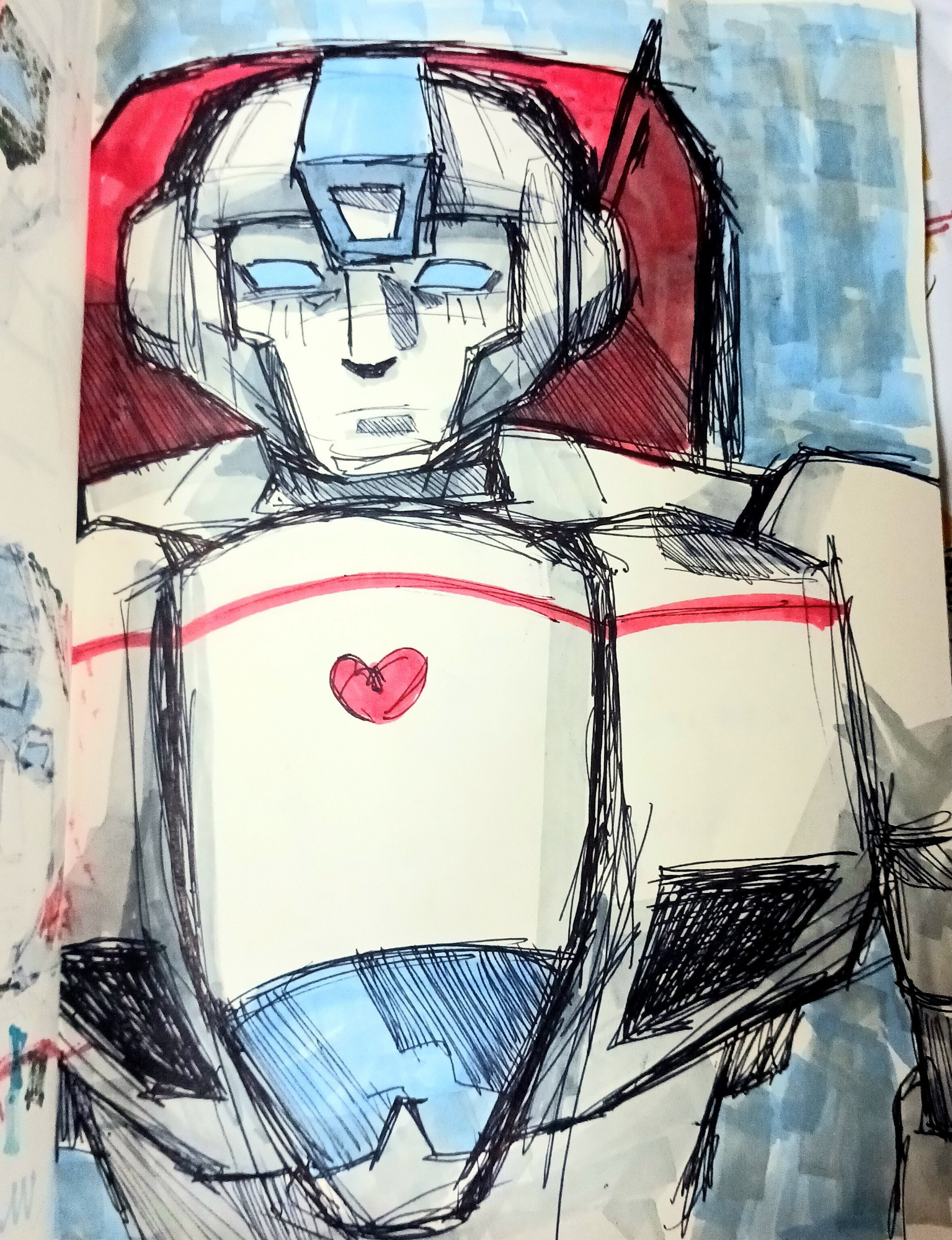 A bust drawing of Skyfire/Jetfire from Transformers. His design is vaguely similar to G1. He is drawn messily with pen and colored with markers. He is looking directly at the camera with a neutral expression. The Autobot insignia is replaced with a red heart. He is drawn on a messy blue/grey background.