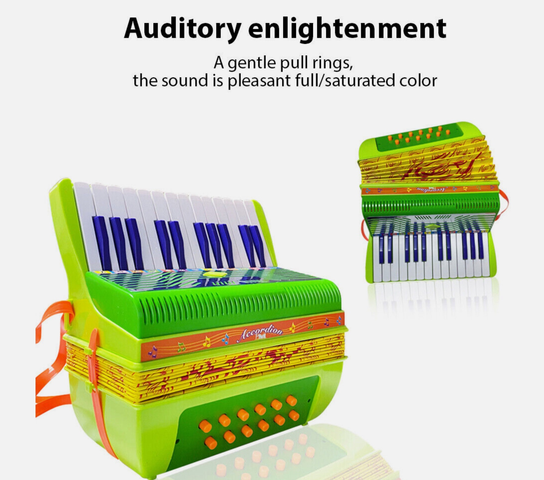 a photo of a 12 bass accordion that is green like a frog in a void. above it is the text “Auditory enlightenment: A gentle pull rings, the sound is pleasant full/saturated color”