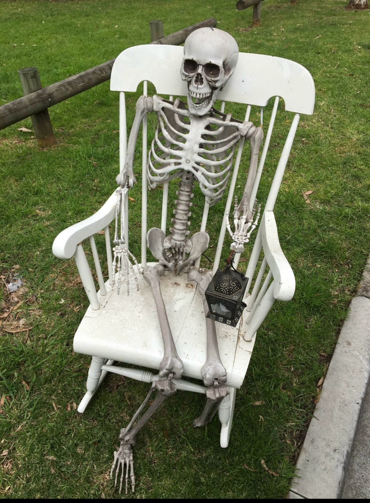 A skeleton in a rocking chair