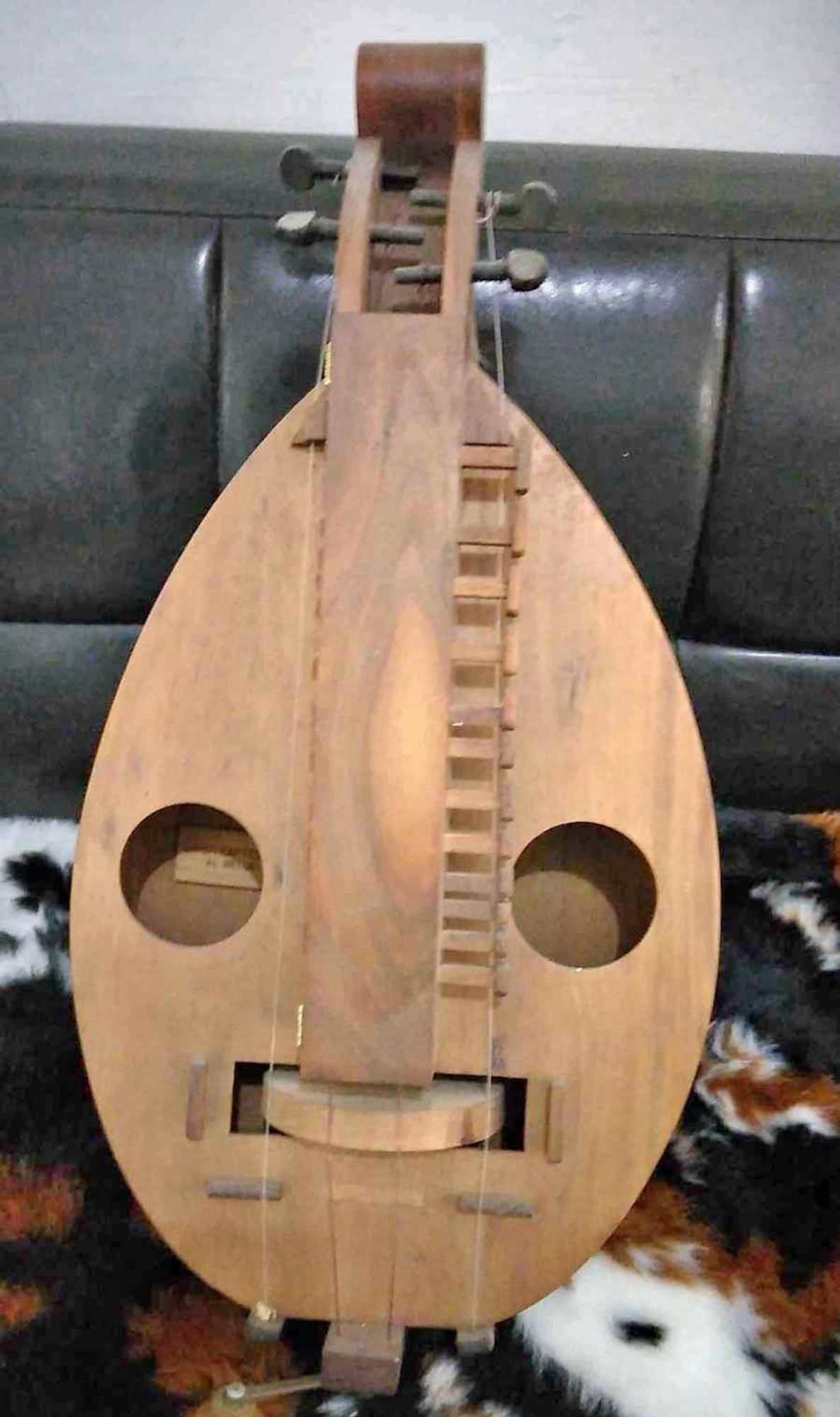 A musical instrument that looks like a face (it is something like a guitar)