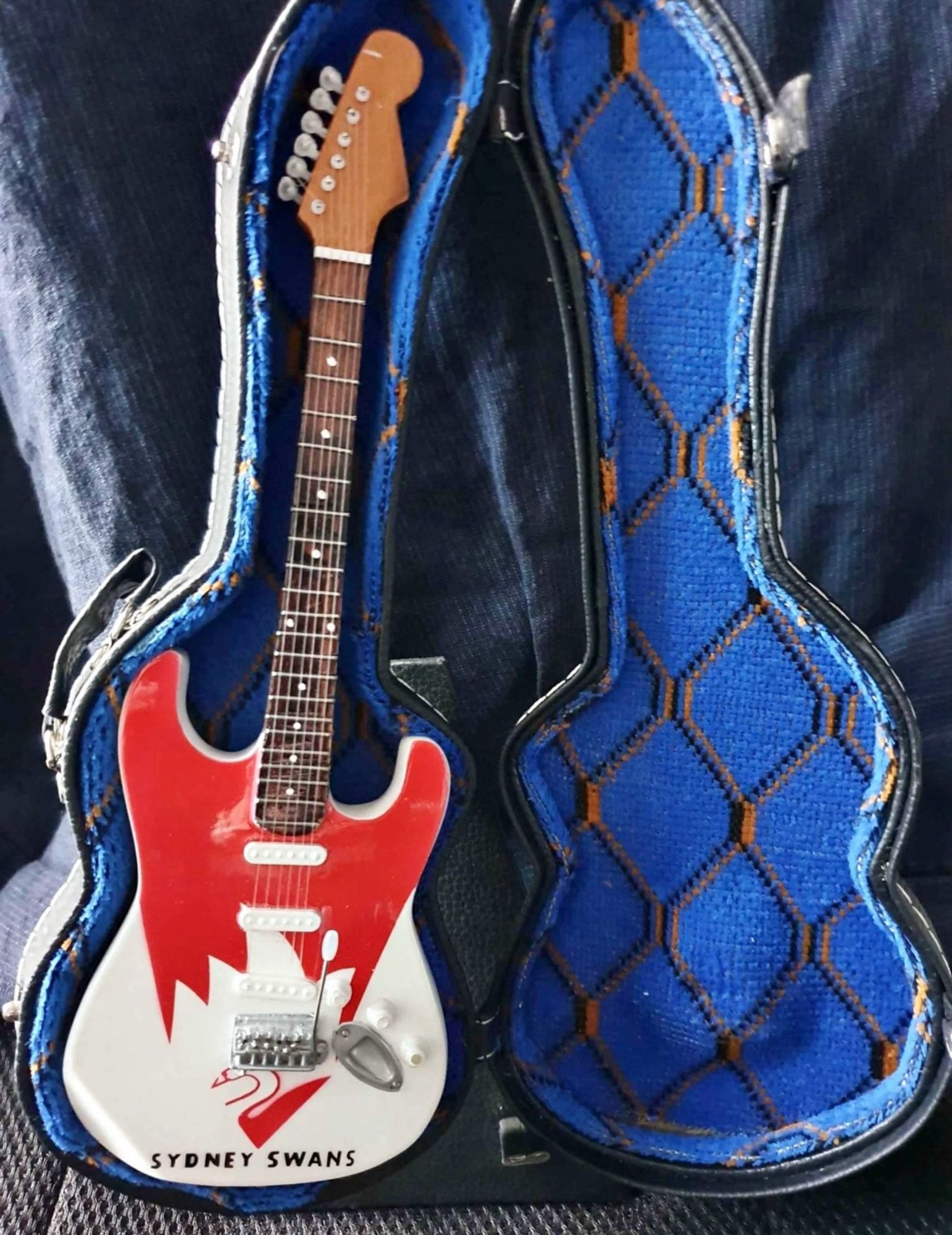 Electric guitar painted in Sydney Swans colours and with a Sydney Swans logo