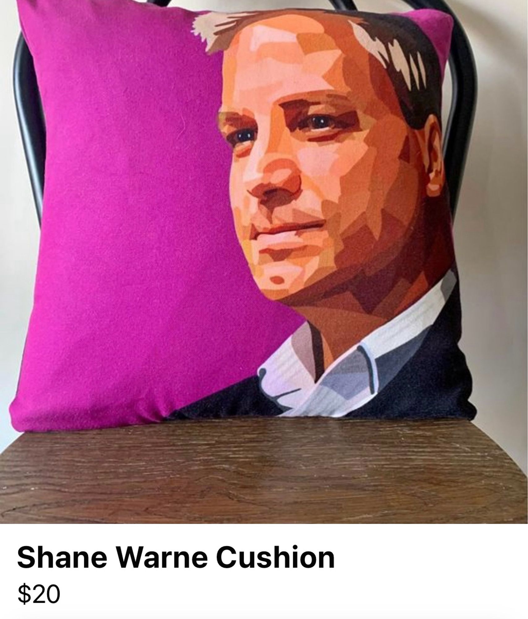 A cushion with the face of Brett Sutton on it – but the Facebook Marketplace ad says Shane Warne cushion $20