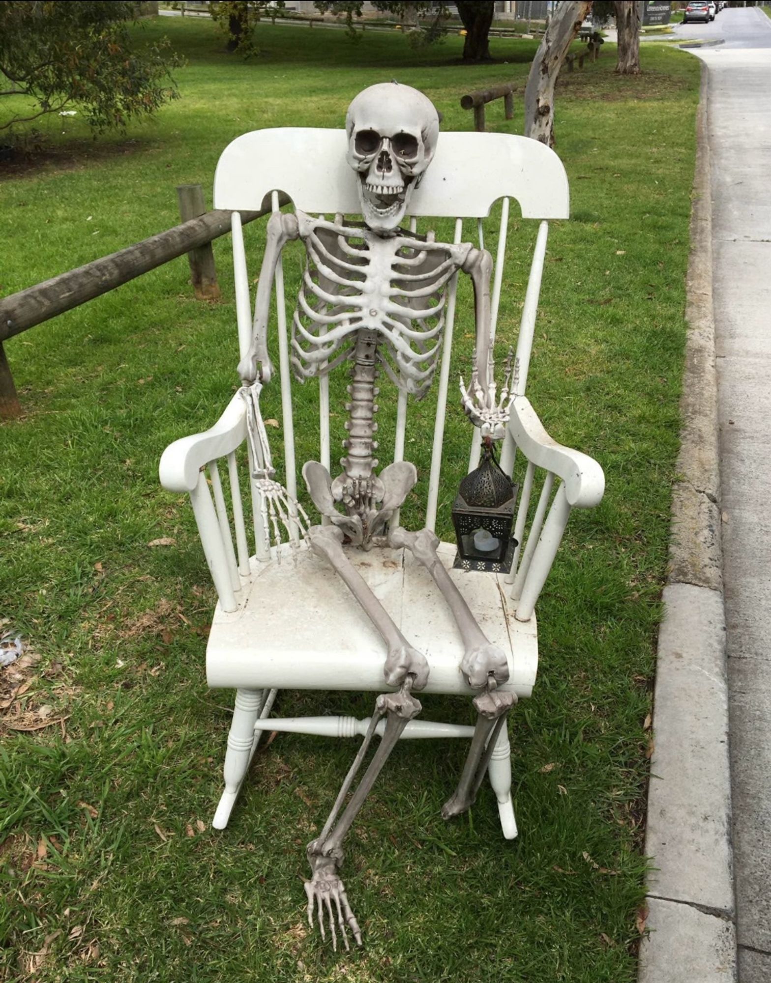 A skeleton in a rocking chair