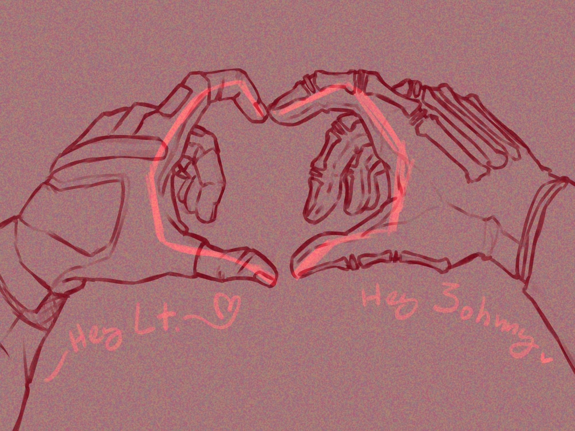 John Soap Mactavish and Simon Ghost Riley from CoD MWII holding their hands in gloves together to form a heart. Soap has gloves on and Ghost has his skeleton and bone gloves.
Soap is saying "Hey there Lt. <3"
Ghost responds with "Hey Johhny."