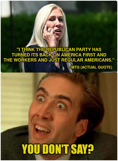 Mtg realizing that the GOP doesnt represent actual people.

Nick cage you dont say meme