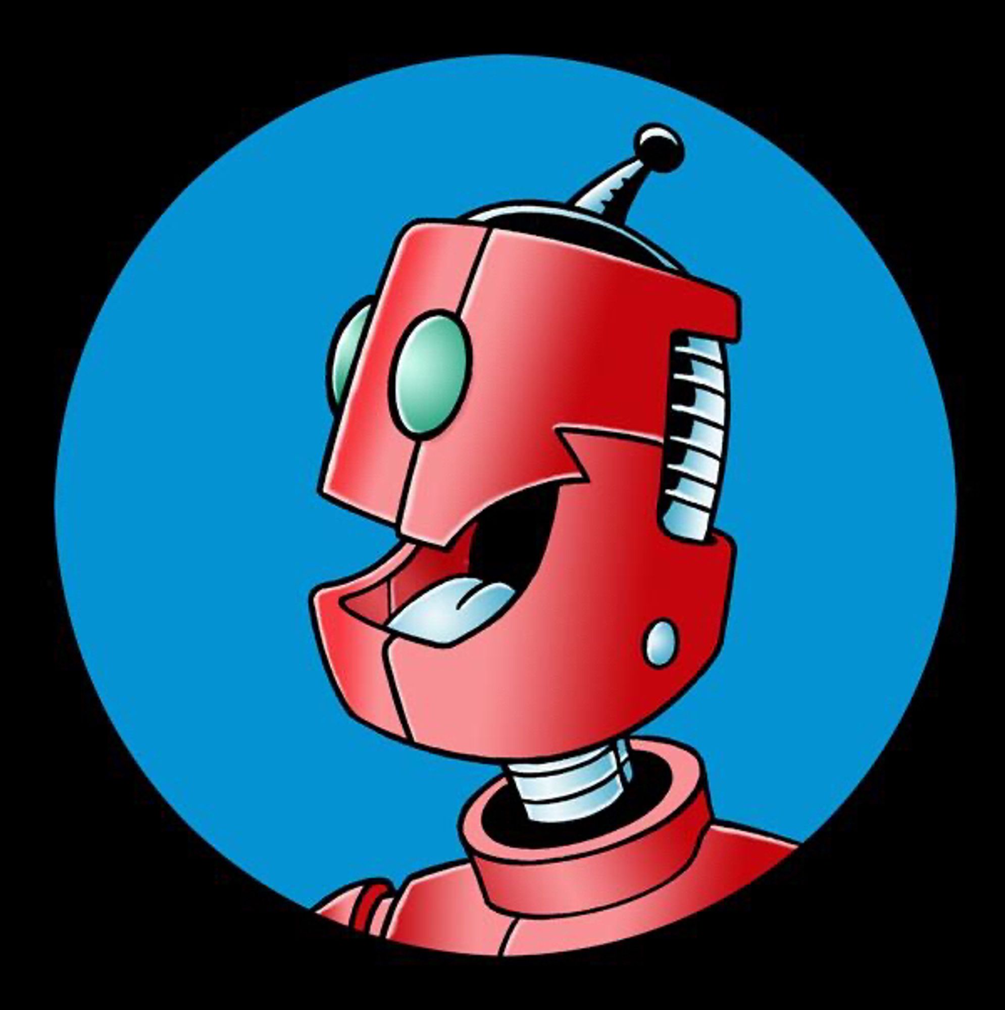 Portrait of a red robot laughing. It has a cylindrical head, green eyes. There is an antenna on top of its head.