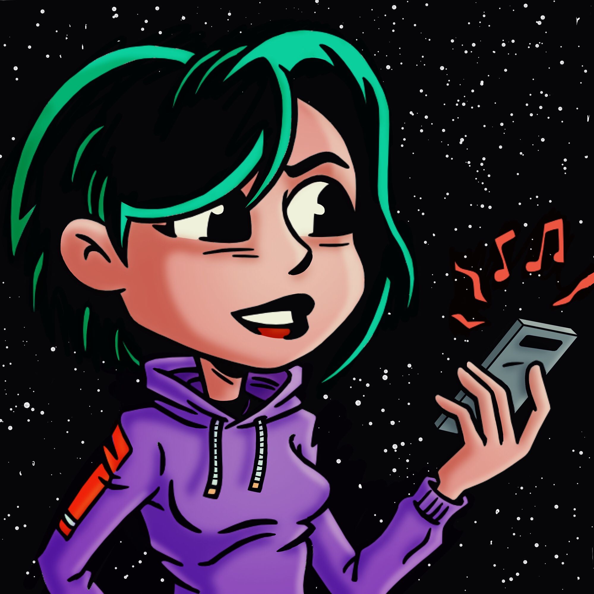 Young woman with black/green hair wearing a purple hoodie holds a mobile/cell phone in her left hand.