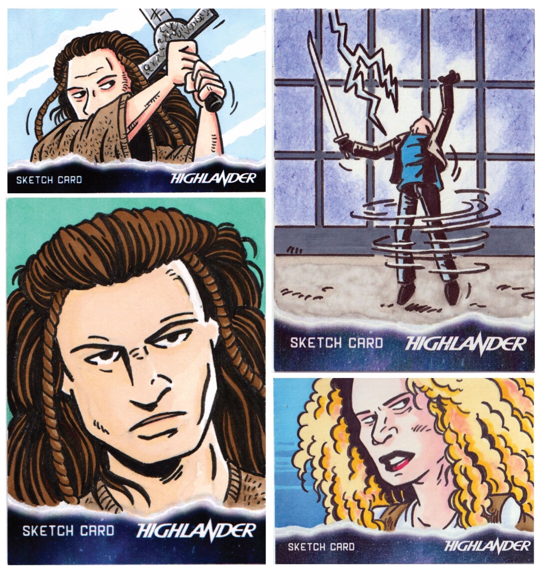 Four ink and marker sketches - Top left, man holding a broadsword above and to the right of his head. Bottom left - portrait of a man with long of brown hair. Bottom right - portrait of a young woman with long curly blonde hair. Top right - a man holding a sword in his right hand is being lifted off the ground. He stretches his left arm upwards, there are large windows behind him and a bolt of lightning stretches towards him.