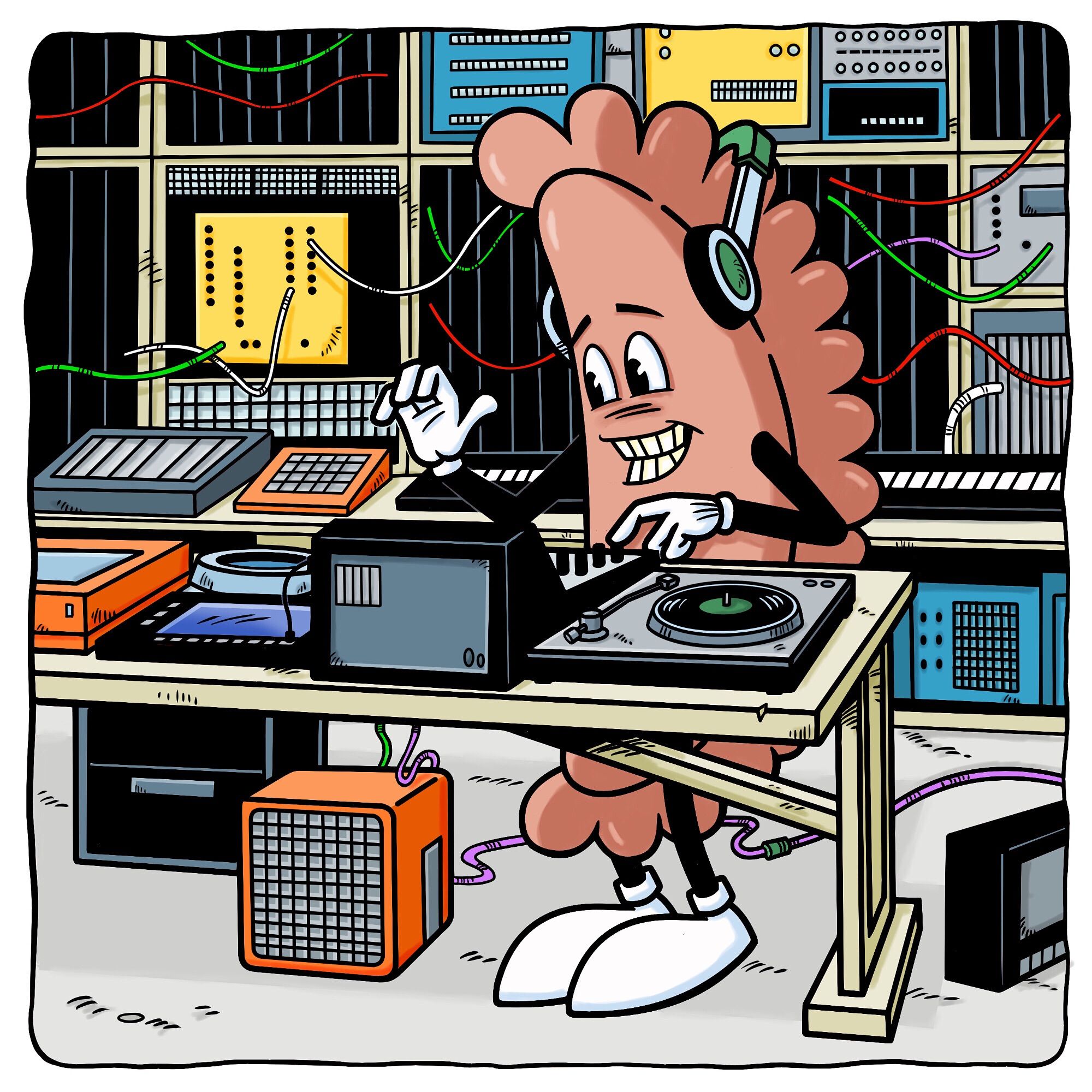 Anthropomorphic Cornish Pasty standing behind a mixing desk with racks of electronics behind the pasty.