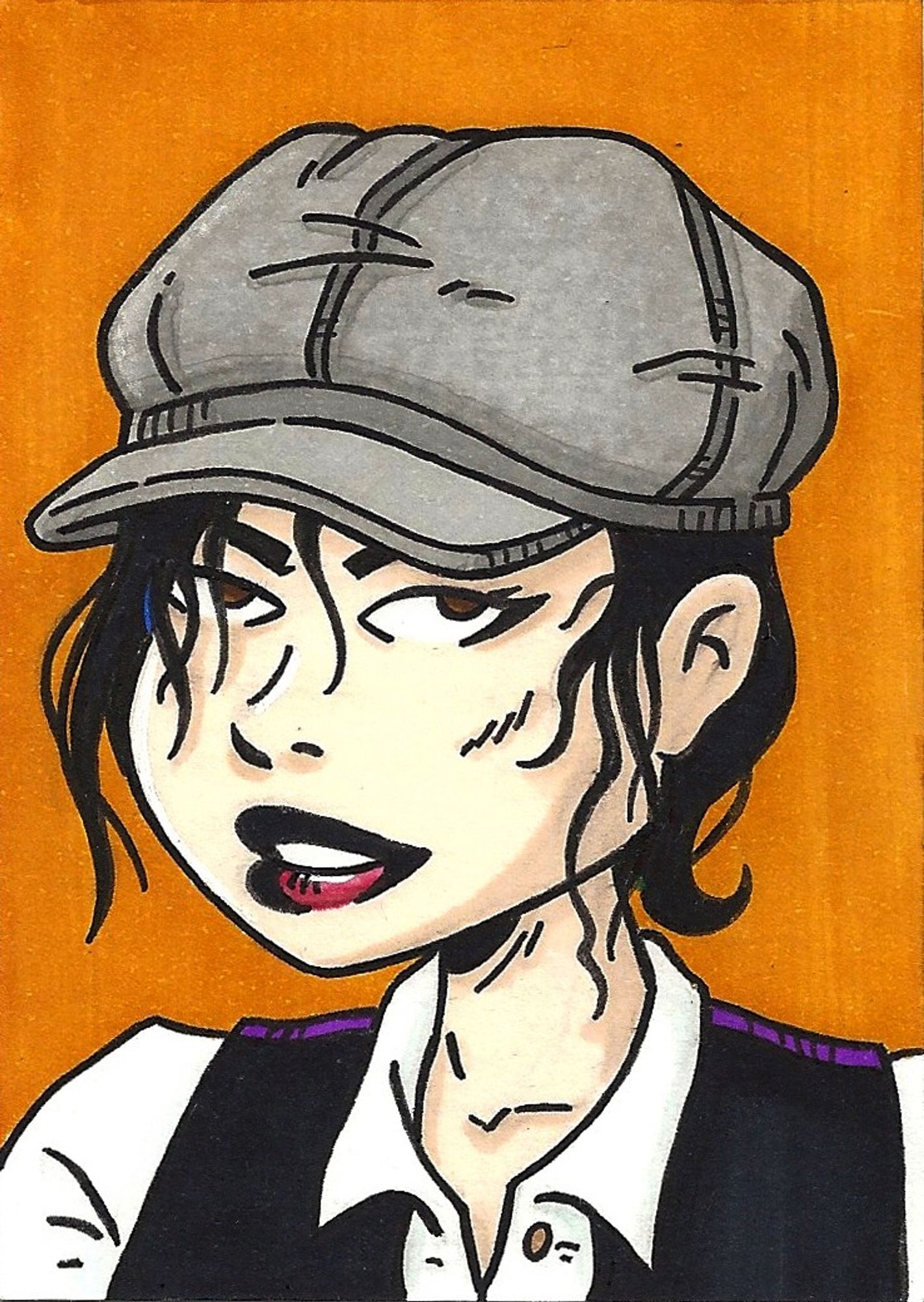 Portrait of a woman with messy black hair wearing a cap, white shirt and purple/black vest