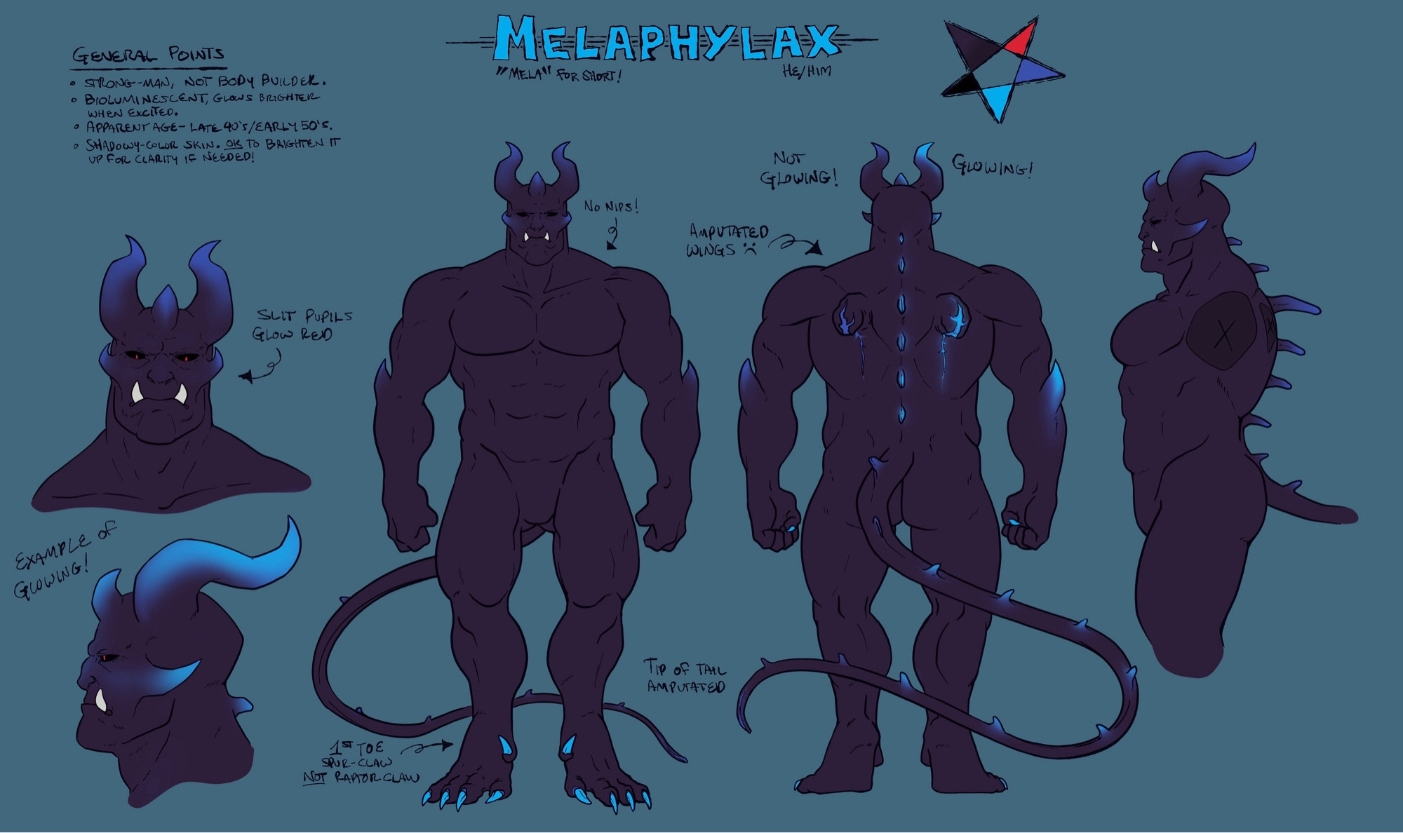 A character reference sheet of a muscular male demon with dark purple skin and glowing horns.