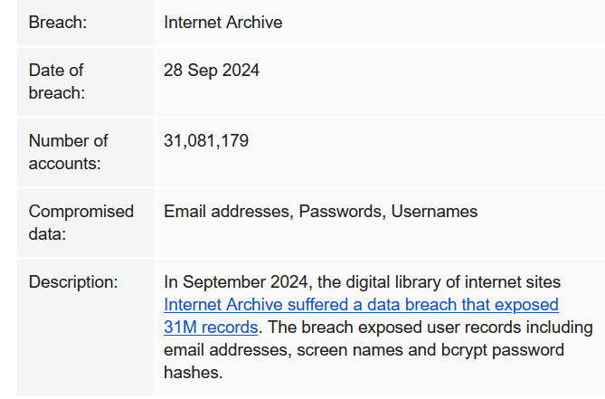 Notification of data breach of The Internet Archive