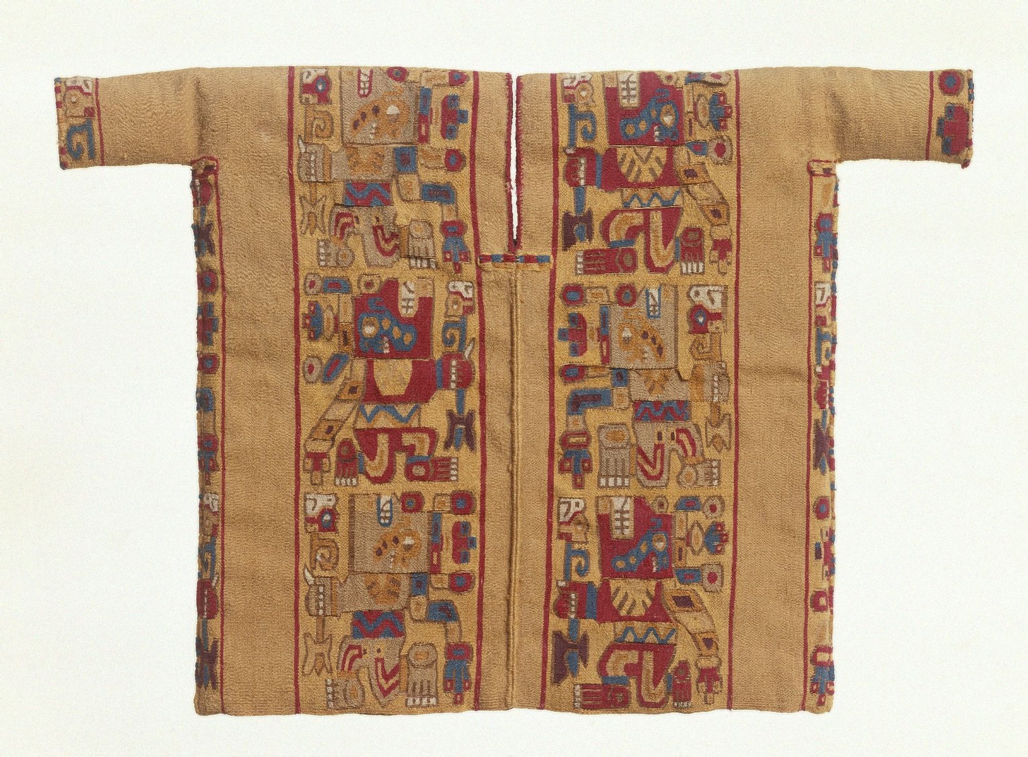 Miniature tunic in single interlock tapestry weave with cotton warps and camelid weft. The thread count is more than 200 threads per inch. This miniature garment with short sleeves was probably a ceremonial textile placed in the tomb of an important personage. The sleeves are too narrow for it to have served as a child's garment. The tunic is decorated with two vertical panels on the front and two on the back that contain composite figures in the act of running. Each figure has a human body, a puma head with condor feathers, and carries a staff terminating in a condor head. The figures are tan, red, blue, yellow, white, purple, and brown on a yellow ground. The remaining parts of the shirt are simple tan panels with red stripes as well as a border at each side containing condor motifs. There is an embroidered rectangular section at the neck. The garment is moderately unstable due to age-related deterioration. Both cotton and camelid fibers have thinned and dried with age. The weaving is very fine and is a visible reminder of how important the person who owned this tunic must have been in Wari society, which was centered in southern Peru. 
     The imagery on this textile relates very closely to the carvings found on the Gateway of the Sun at Tiwanaku near Lake Titicaca in Bolivia. It is not precisely known how the imagery migrated to the Wari Empire and it is difficult to discern as no textiles were preserved at Tiwanaku where the climate is inhospitable for perishable items such as cloth.