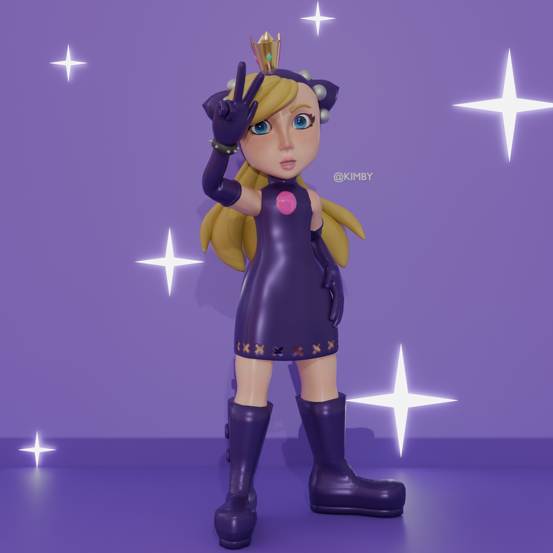 3D model of Wapeach posing with a peace sign made with her right hand, she is standing in a purple environment  that has bright white stars