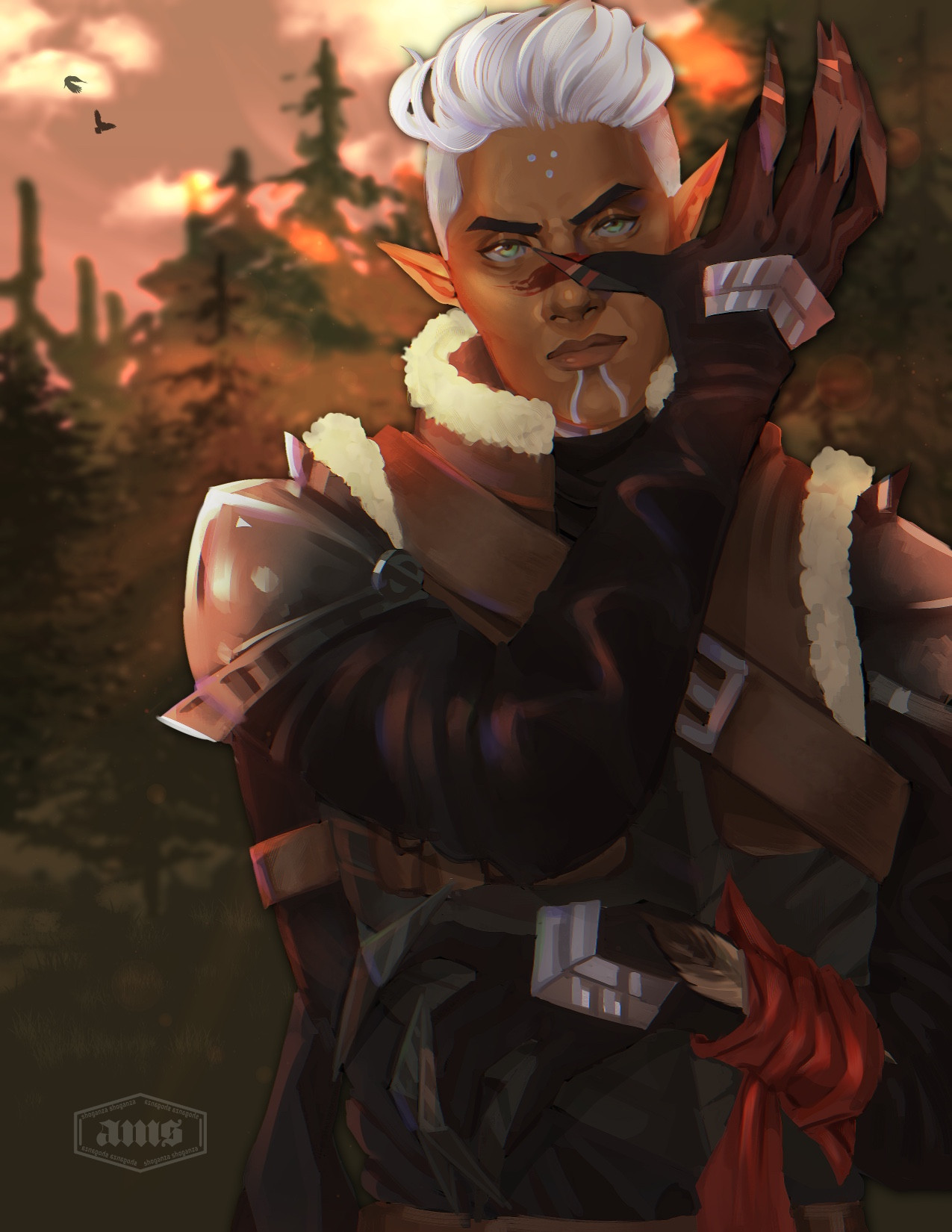 Fenris from DA2 in his armor from his run in the Blue Wraith comics does the Hawke paint shmear on his nose at sunset 