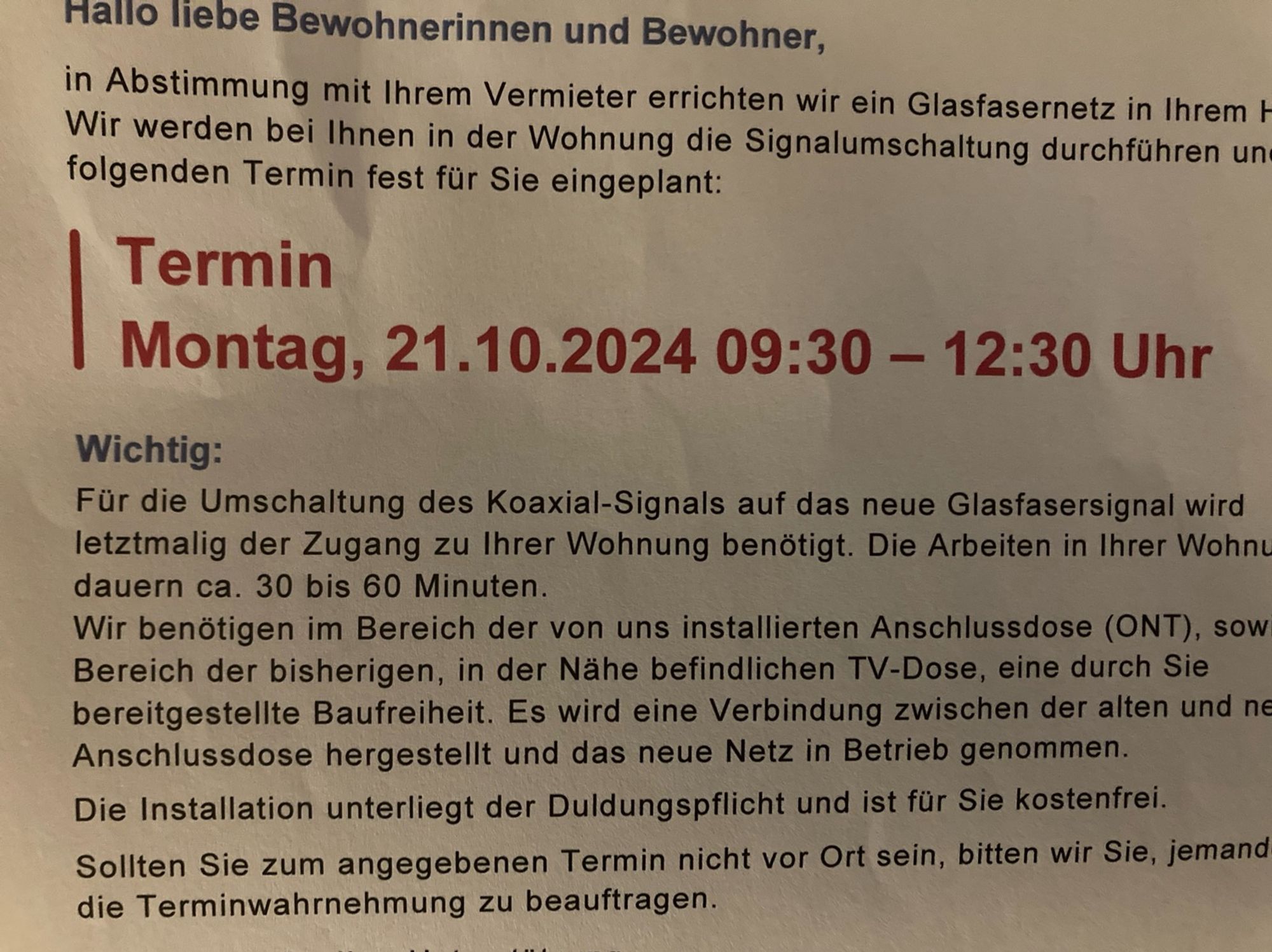 Aushang bzgl eines Termins zur Umschaltung auf Glasfaser