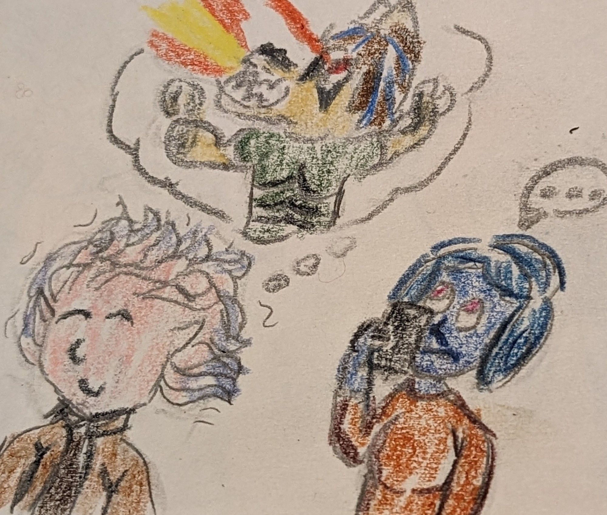 Ayame, a Mikkian, smiles as she imagines her mentor Eli. He appears muscular and is breathing fire and shooting lasers from his eyes. Her Pantoran friend Riyo somehow sees the imagine spot and has concerns.