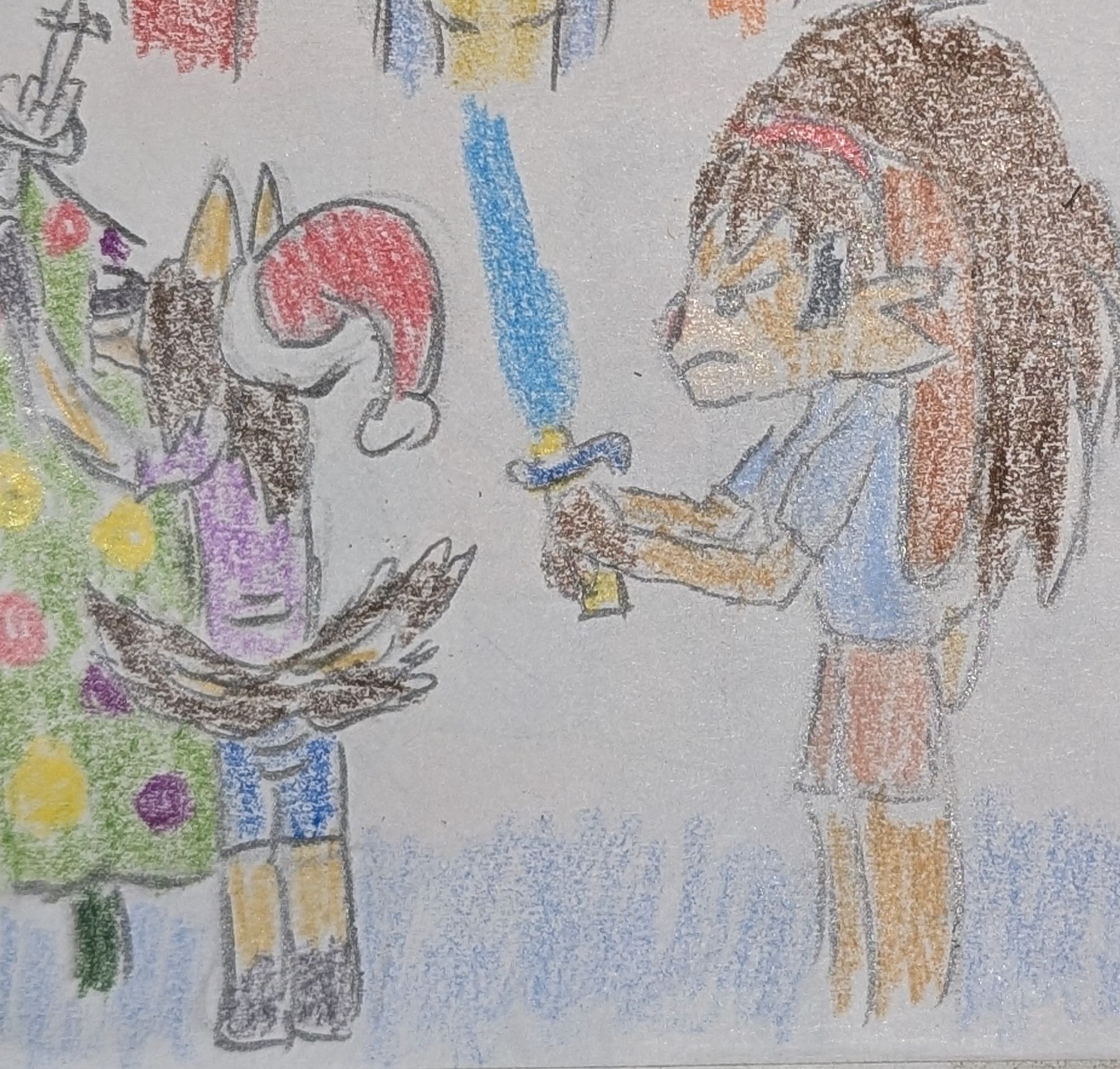 Eli Norainu, an anthro dog man, happily wags his tail as he tops a Christmas tree with a Starlight Beacon model. Lop Norausa, a Lepi woman, glares, readies her lightsaber, and prepares to correct her husband for putting up the decorations way too early.