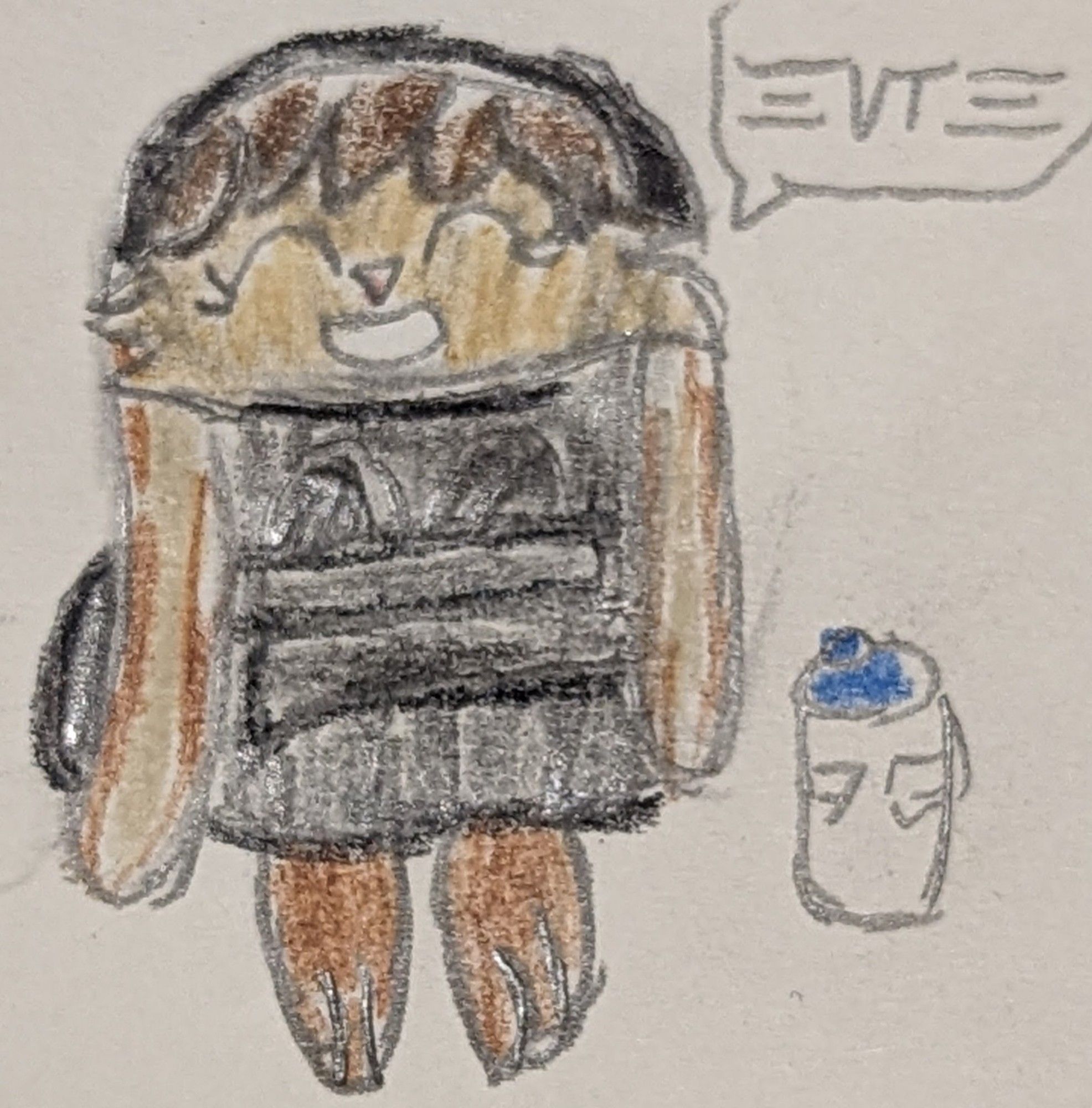 Lop Norausa, a Lepi woman, cuddled up in Eli's hoodie. She has a cup of coffee and is saying "Heh." in Aurebesh.