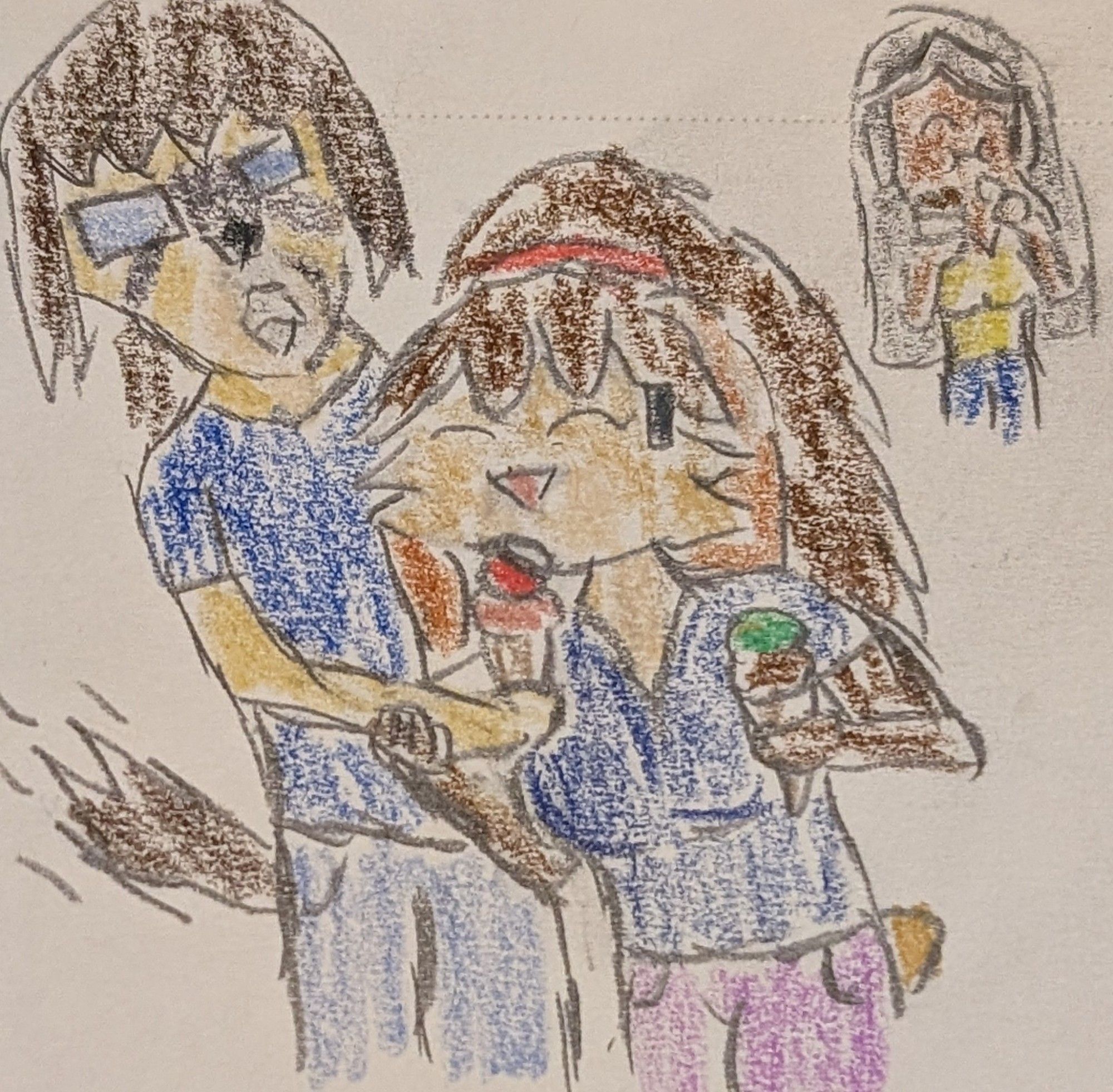 Lop Norausa takes a bite of Eli Norainu's ice cream cone despite having one of her own. Eli is shocked, shocked, at his partner's brazen action. Sophia Lumistella enjoys a cup of ice cream on her own.