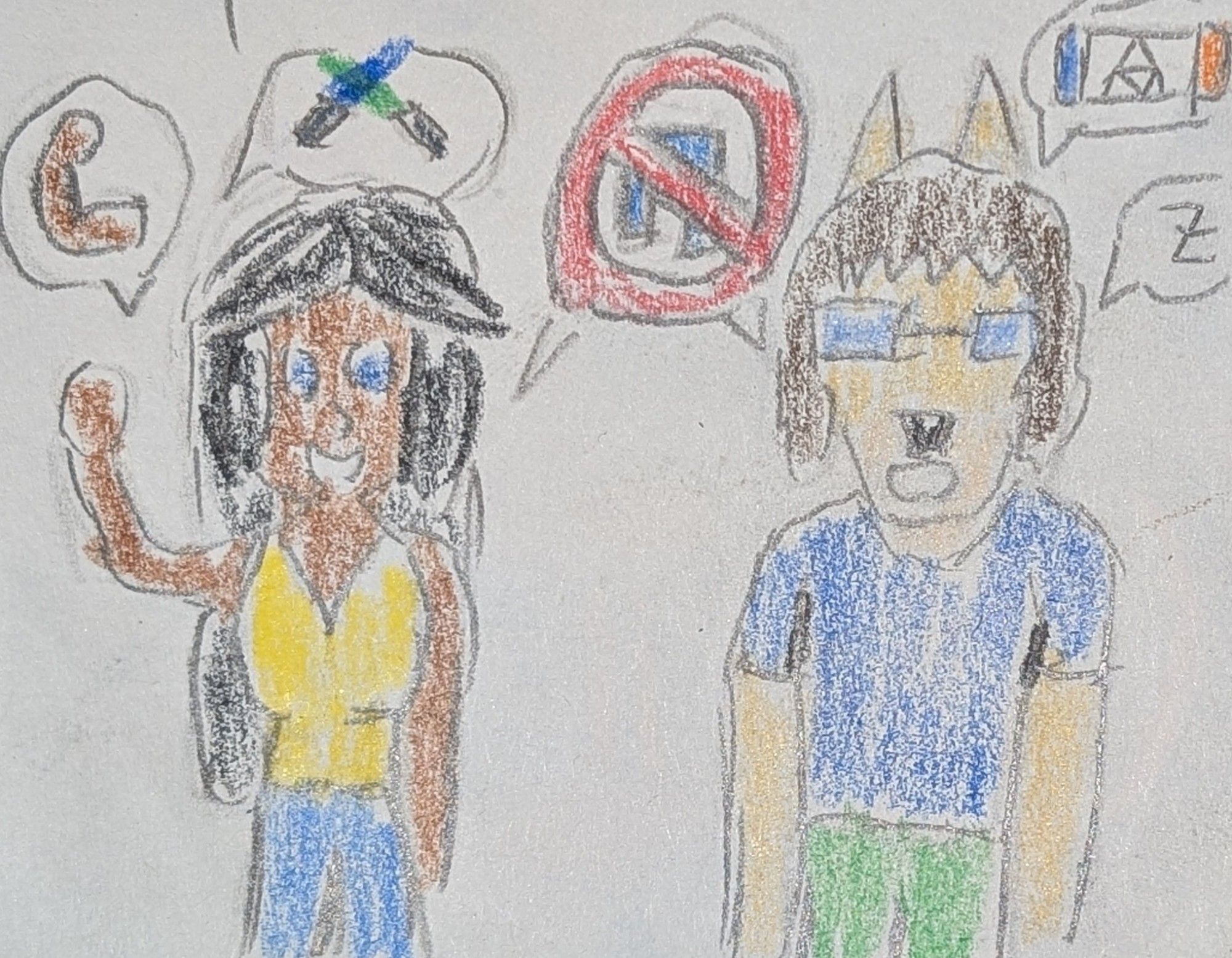 Sophia Lumistella, a human woman, and Eli Norainu, an anthro dog man, address the viewer. Sophia is energetically talking about getting strong and lightsaber training. Eli is slumped over and talking about sleeping and video games. Both enthusiastically emphasize that pants are evil.