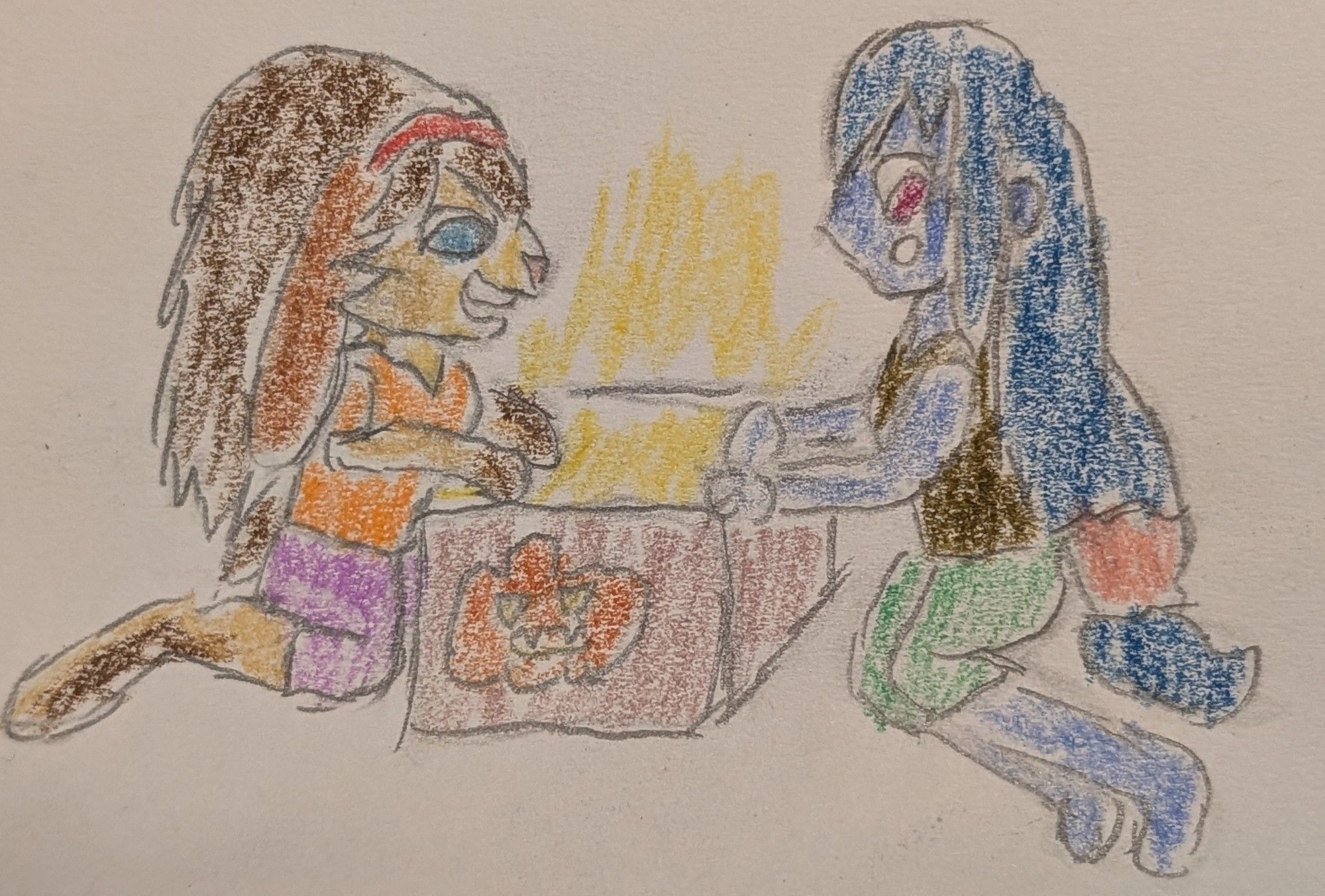 Lop Norausa, a Lepi woman, and Azusa Riyo, a Pantoran woman, look into a glowing box in wonder. The box has a jack-o'-lantern on it.