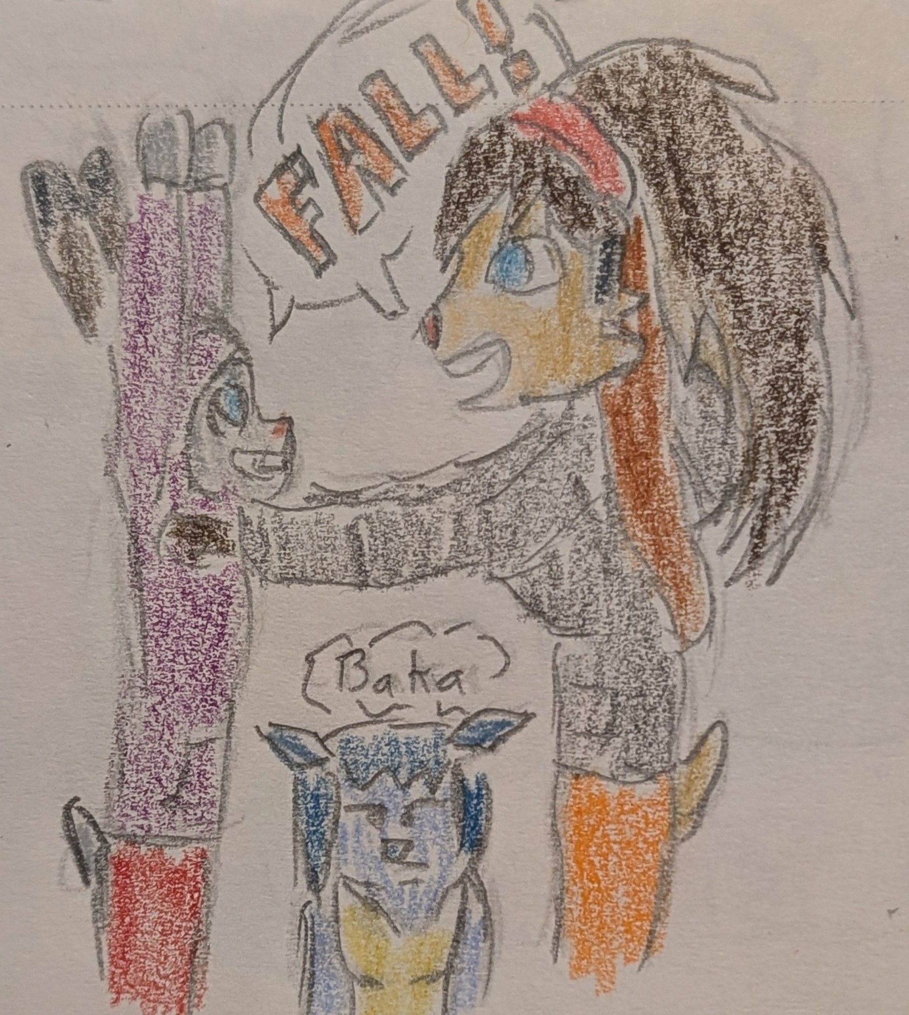 Lop Norausa, a Lepi woman, lifts her technically little sister Judy, another Lepi woman, as they shout "FALL!" in bold orange letters. Grace, an anthro Glaceon woman, thinks they are crazy because it is still too hot for hoodies.