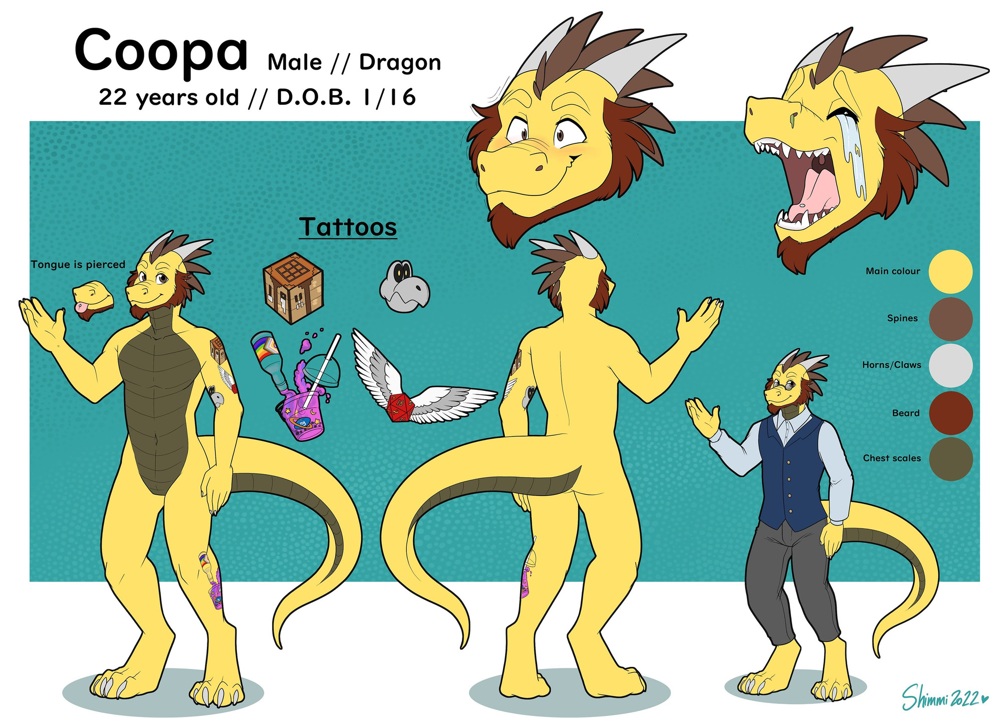 a reference sheet of a yellow dragon named Coopa