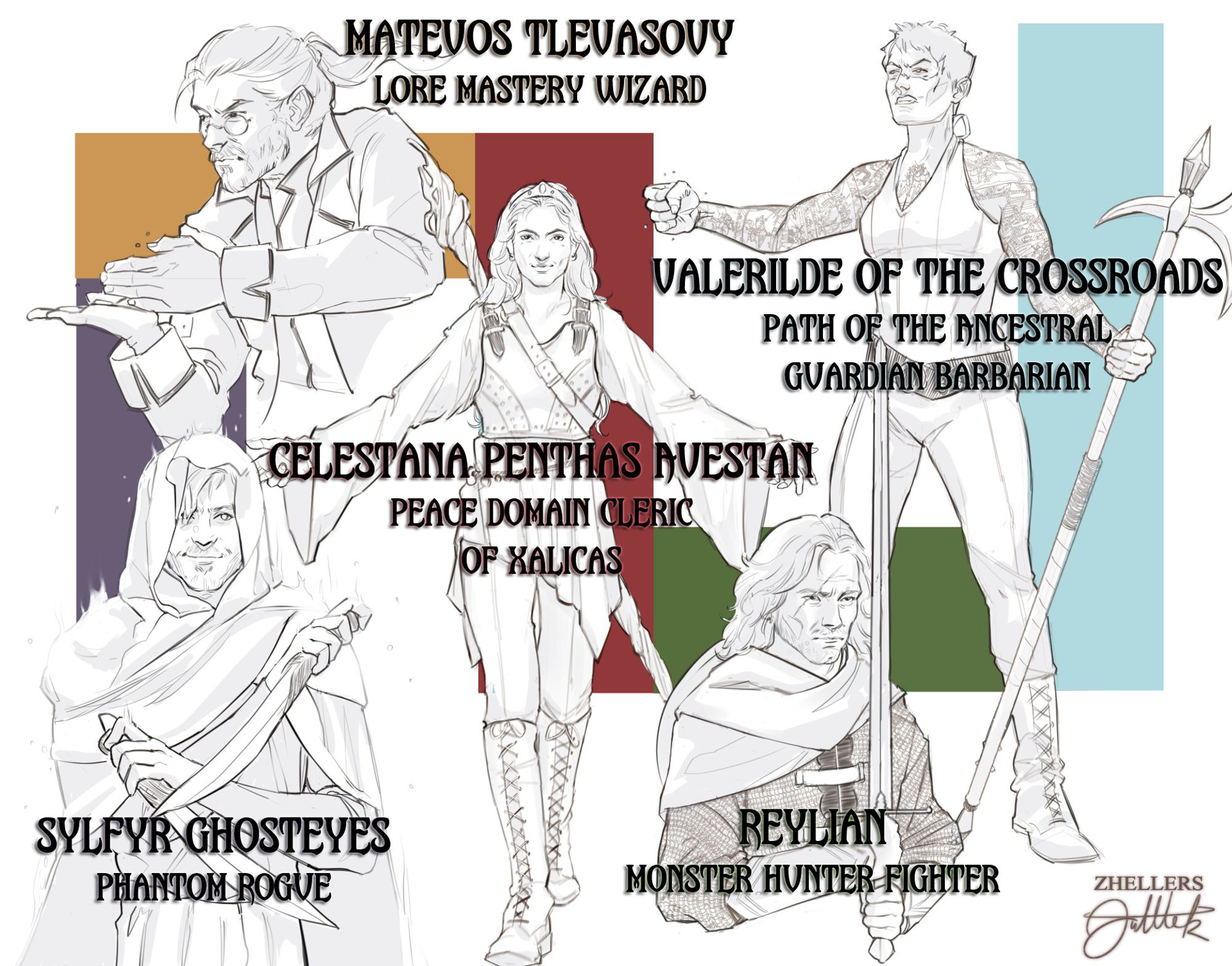 Five characters shown - (upper left) Matevos Tlevasovy, Lore Master Wizard; (upper right) Valerilde of the Crossroads, Path of the Ancestral Guardian Barbarian); (bottom right) Reylian, Monster Hunter Fighter; (bottom left) Sylfyr Ghosteyes, Phantom Rogue; (center) Celestana Penthas Avestan, Peace Domain Cleric of Xalicas)