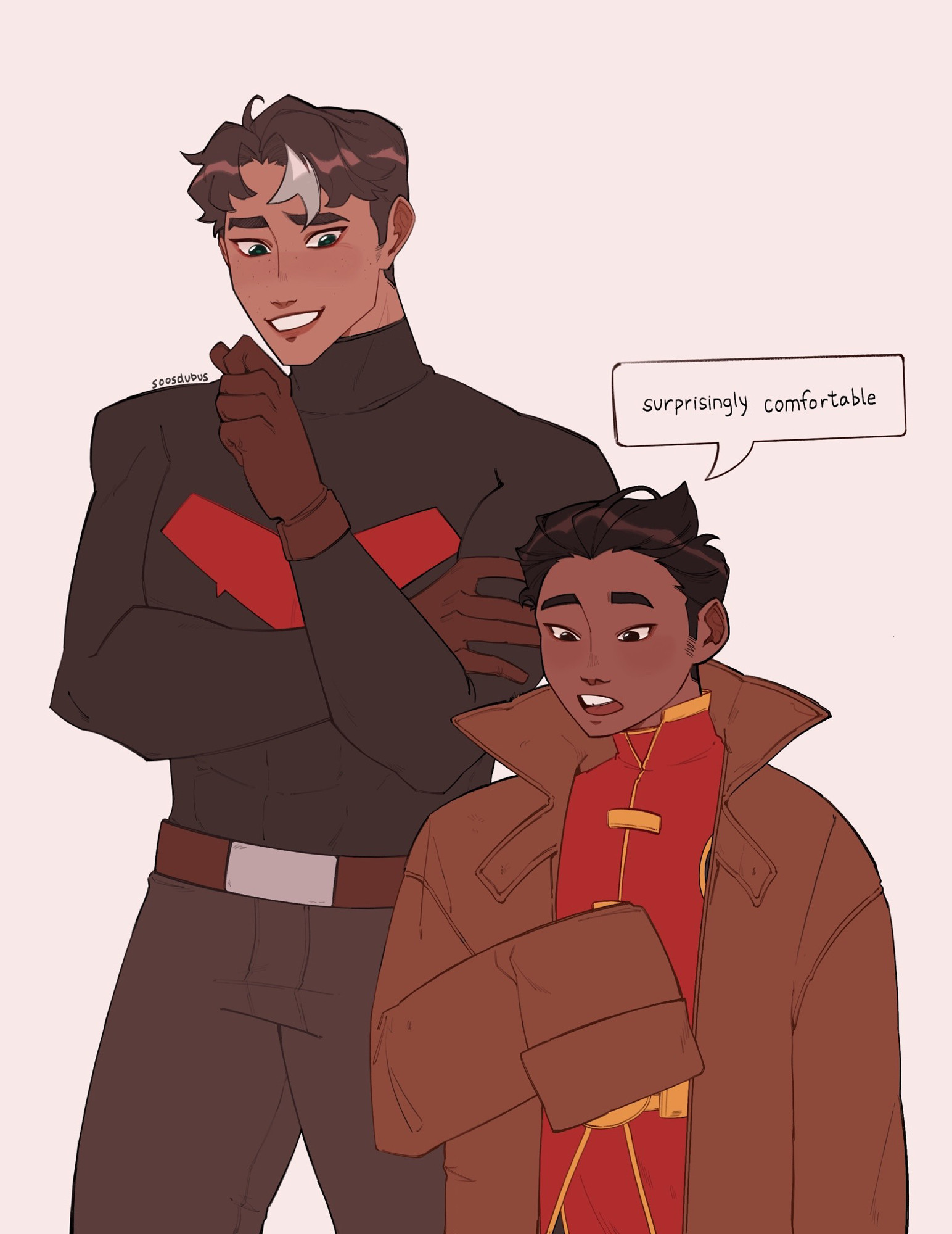 Jason Todd and Damian Wayne. Jason stares down amusedly at Damian, who’s practically drowning in Jason’s leather jacket. A speech bubble from Damian reads, “surprisingly comfortable” 