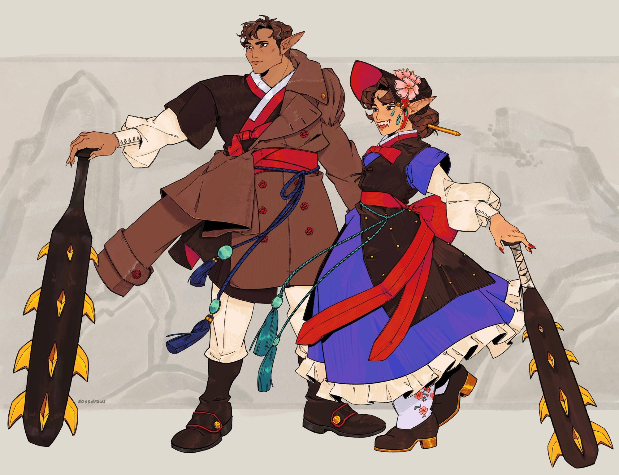 Two characters standing side by side. Their clothes are a hybrid mix of both Hanbok and European influence. They hold big bats inspired by the Korean “Dokkaebi” 