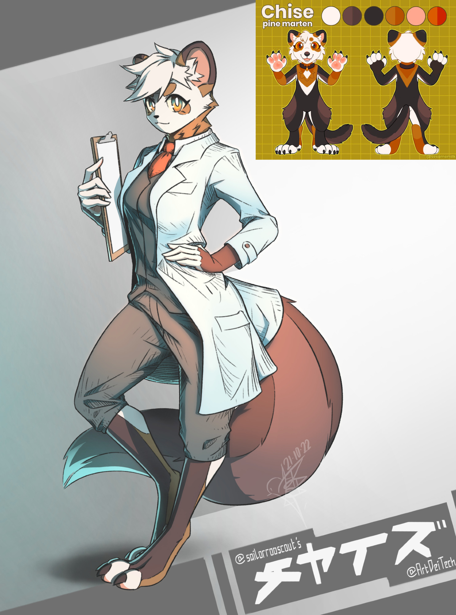 OC fanart of @sailorrooscout's pine marten Chise, Japanese spelling "Chise" next to @sailorrooscout and @ArtDeiTech twitter handles, wearing white labcoat, holding a clipboard