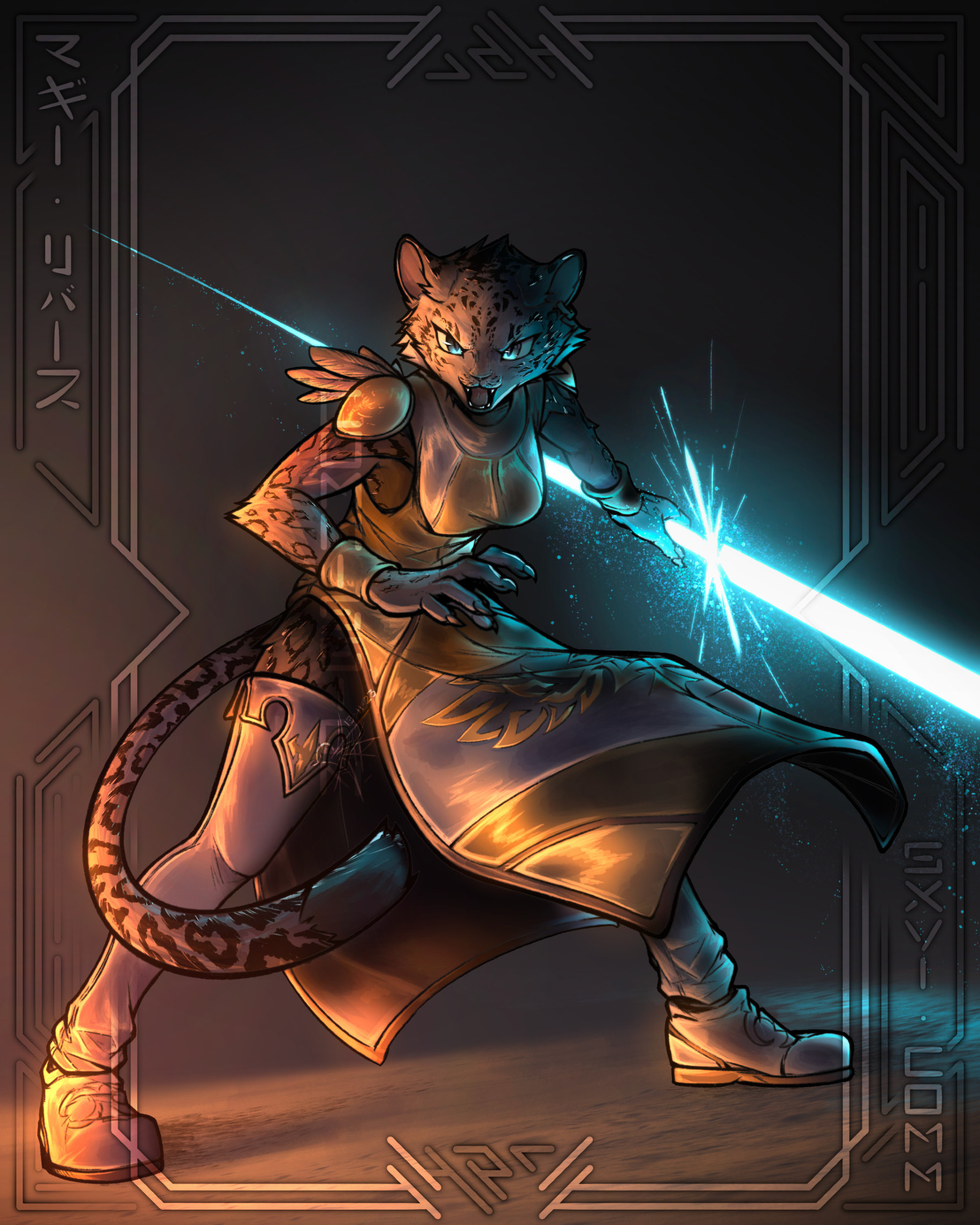 OC commission for @catarinagoldfish on Insta featuring their Soul Calibur 6 snow leopard Maggie Rivers, anthro cat, wearing armored robes, holding glowing sword, Japanese "Maggie Rivers", series gallery 16 "SXVI", commission "COMM", Art Dei Tech triangle logo middle top and bottom