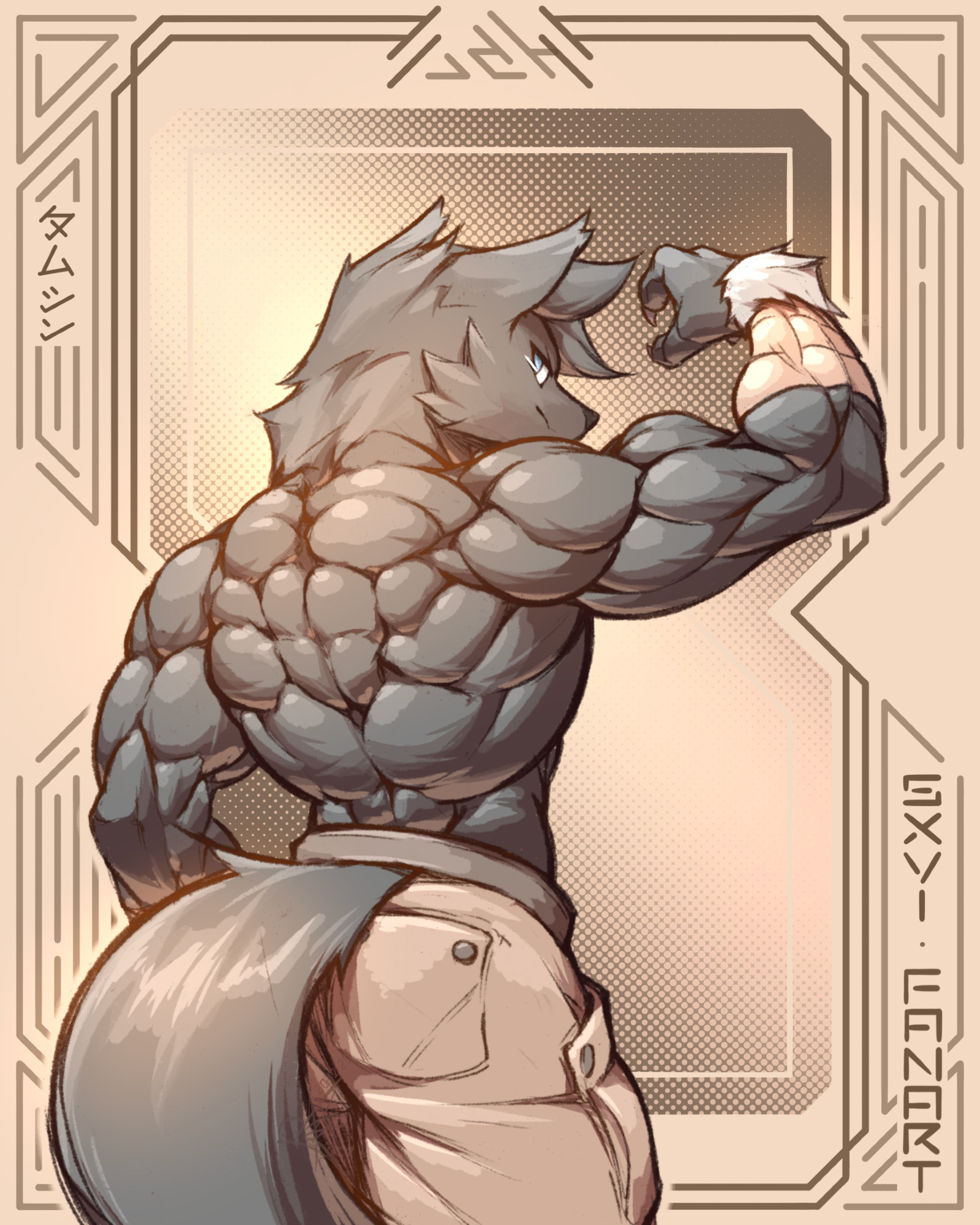 Fanart of @voidfoxtamcin for their birthday, black muscular furry, wearing pants, bandages and gray hair on wrist, blue eyes, Japanese "Tamcin", art gallery series 16 "SXVI", "FANART"