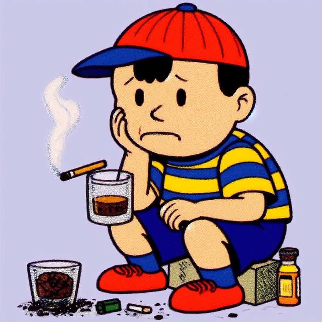 Ninten from Mother 1, a psychotic boy with anger issues, heavily drinking and smoking cigarettes.