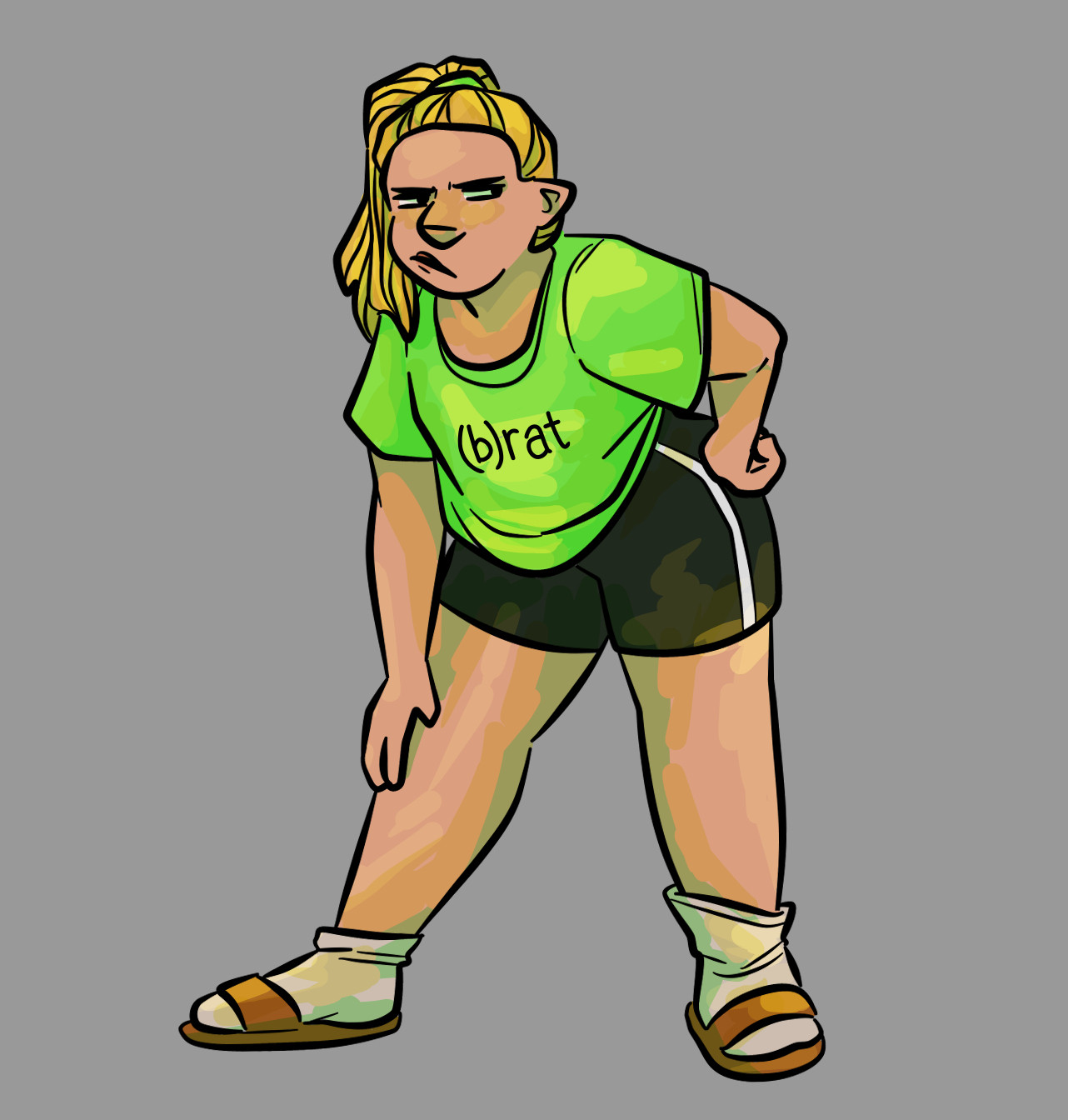 Drawing of Kipperlilly Coppetkettle standing leaning over with one hand on her hip and the other braced against her knee. She is wearing a neon green shirt that reads (b)rat, bike shorts, and socks with sandals