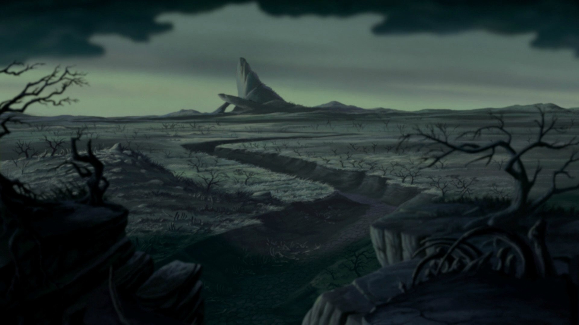 screenshot of the pride lands from The Lion King completely dreary and barren.