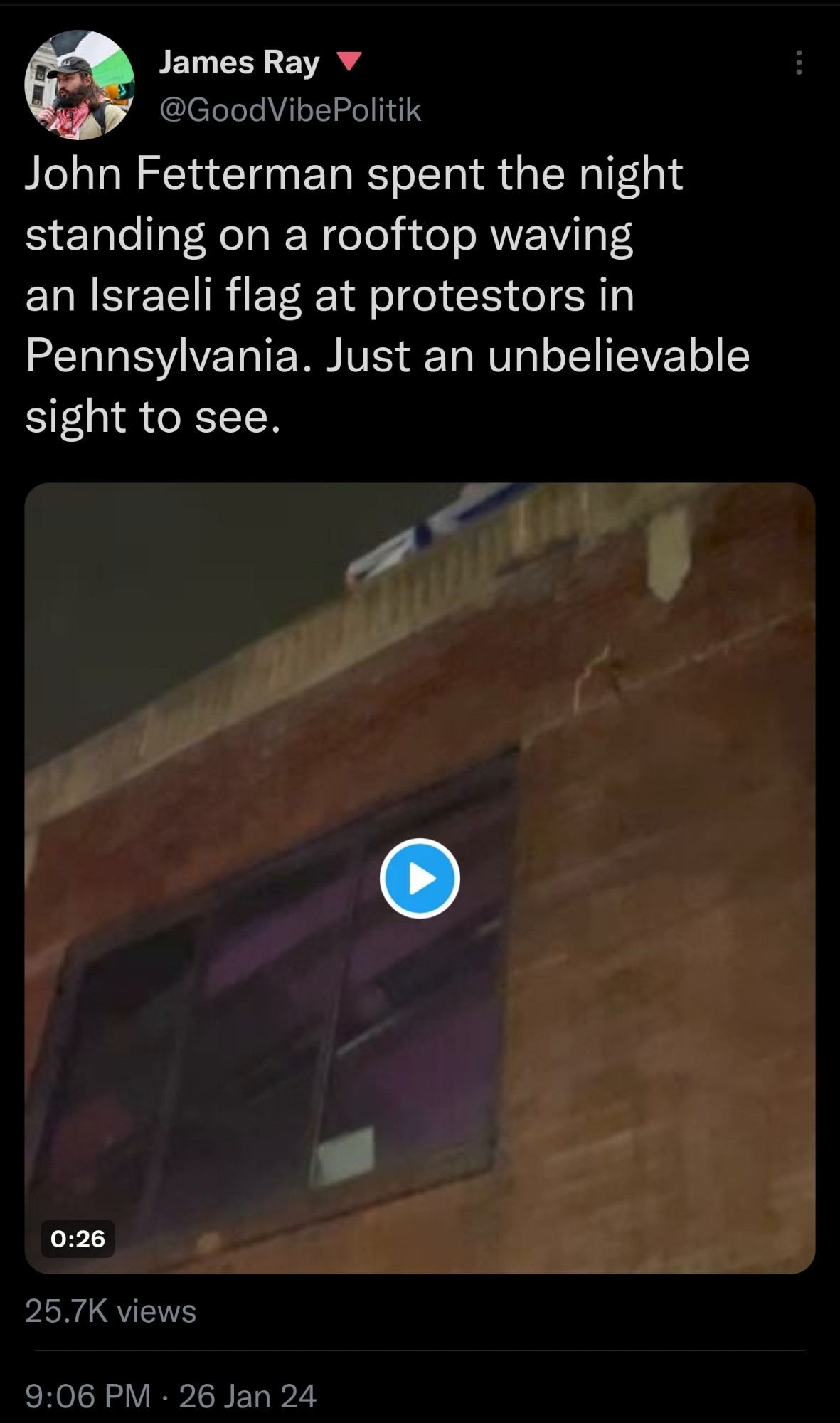 @GoodVibePolitik:
John Fetterman spent the night standing on a rooftop waving an Israeli flag at protestors in Pennsylvania. Just an unbelievable sight to see