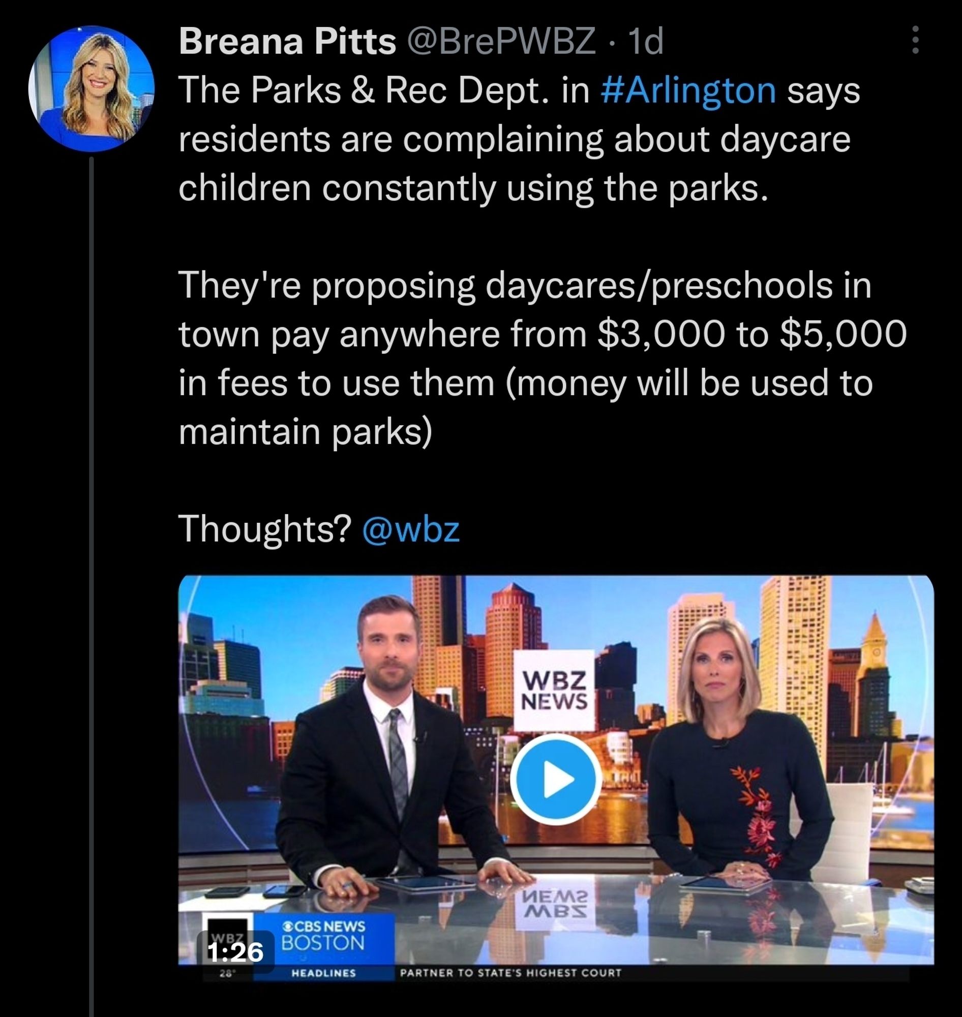 tweet by @BrePWBZ: The Parks & Rec Dept. in #Arlington says residents are complaining about daycare children constantly using the parks. 

They're proposing daycares/preschools in town pay anywhere from $3,000 to $5,000 in fees to use them (money will be used to maintain parks) 

Thoughts? @wbz