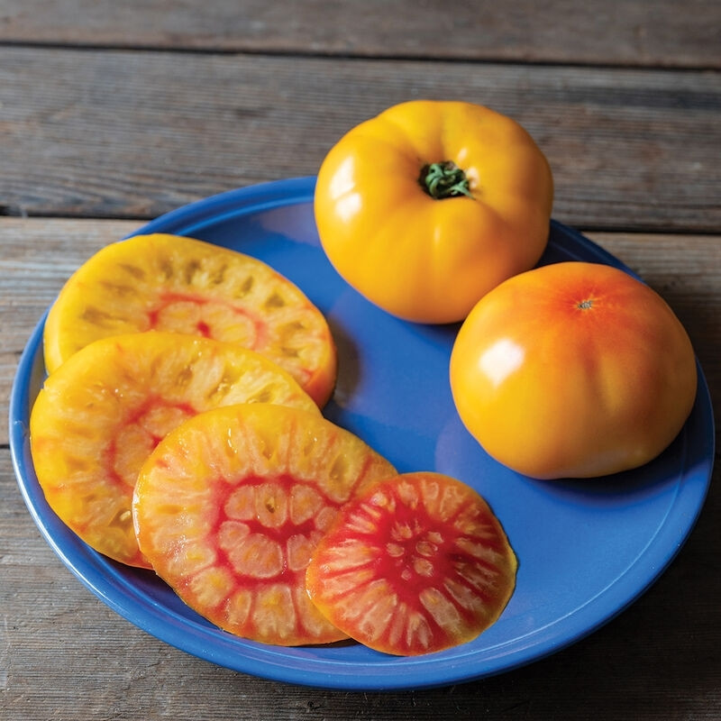 plate of golden orange tomatoes with some red flesh