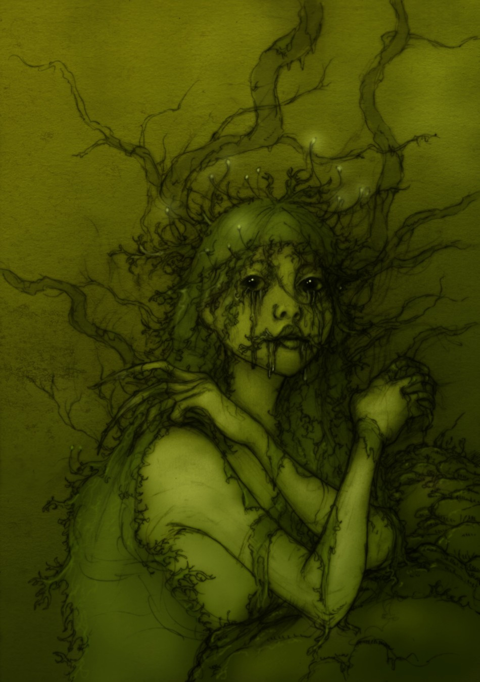 A Young girl with green eyes and skin draped in moss and moss haired, gazing at the viewer.