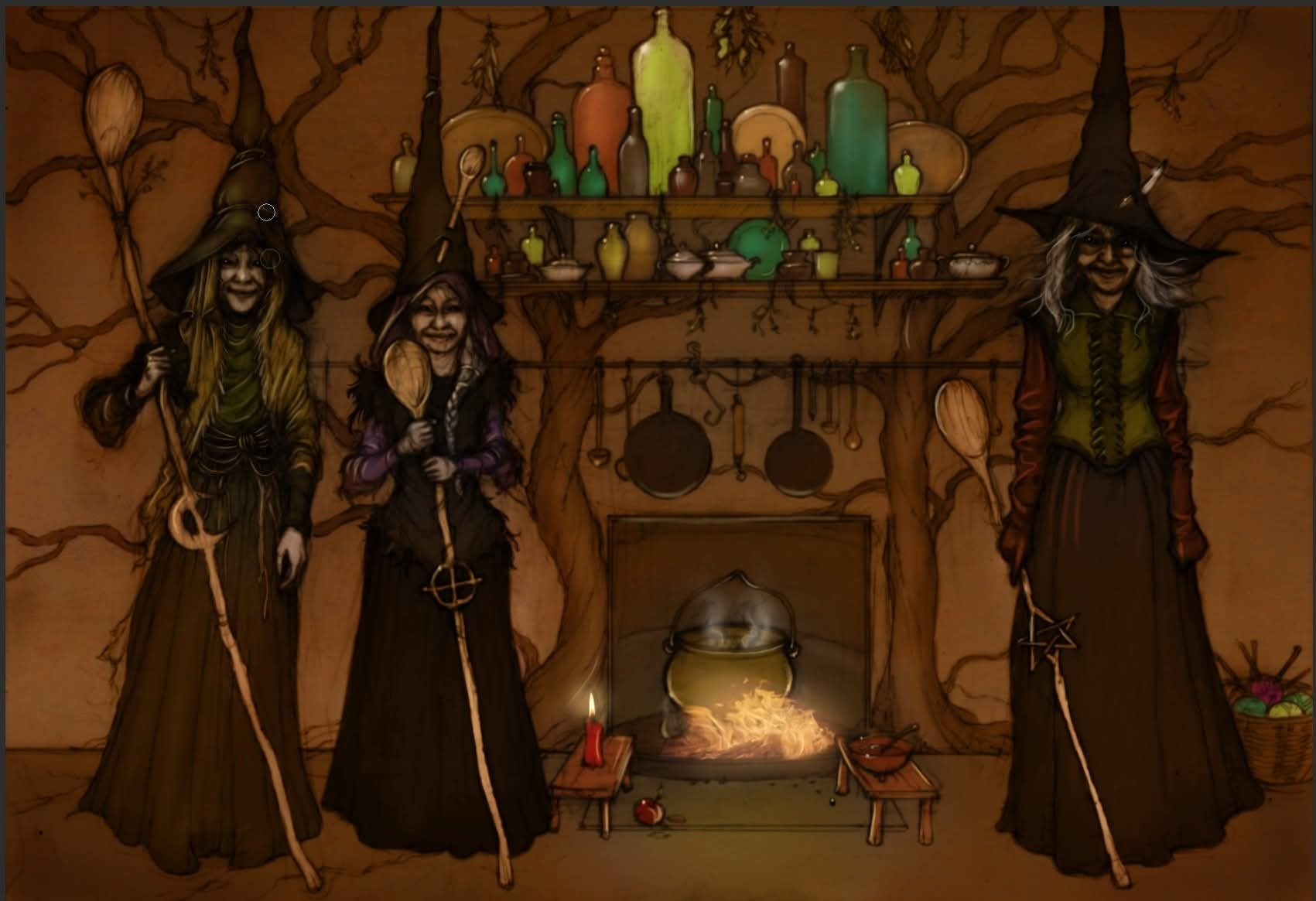 Witchcore kitchen with fire, cauldron, candles and many coloured bottles inhabited by three witches with staffs with wooden spoons on the end.
