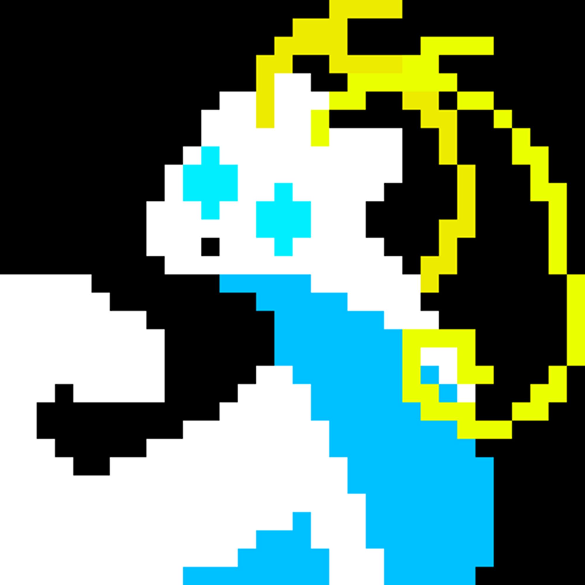 a white slugcat with a blue underbelly, bright blue eyes, and bright yellow forked antennae.