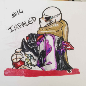 Scorch is leaned against Orchid's torso, teeth gritted and tears flooding down his face. Orchid is just sadly looking down at Scorch and holding him, also crying but smiling (the audacity, smh my head). Scorch's red sword is clutched tightly by the bug-cat himself and plunged hilt-deep through Orchid's chest, Orchid's left wing also being torn off. Both are covered in Orchid's purple blood.